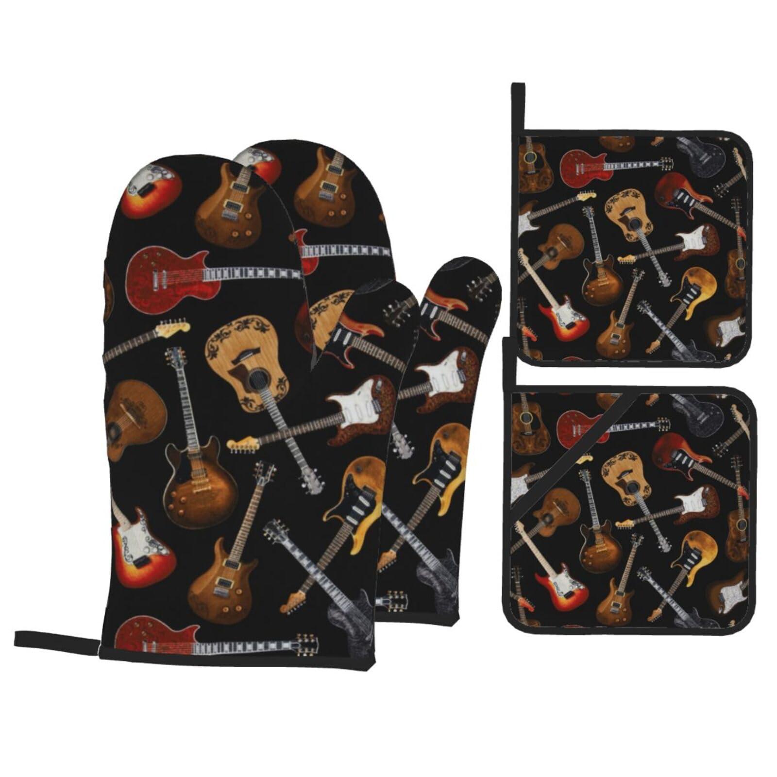 Guitars Print Stylish Heat-Resistant Oven 4-Piece Set Kitchen Gloves Roasting Daily Cooking