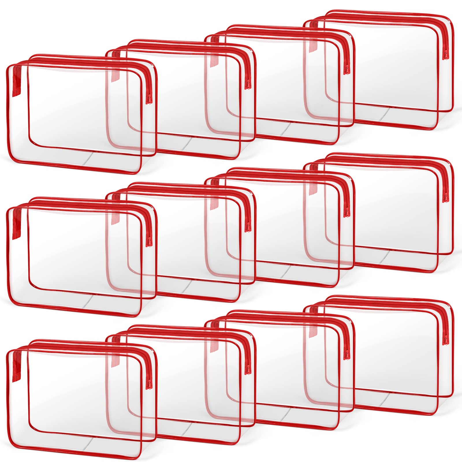 TISRATOK 12 PCS Clear Makeup Bag for Women with Zipper, TSA Approved Toiletry Pouch, Cosmetic Bag Bulk for Travel Organizer Essentials - Red, Large