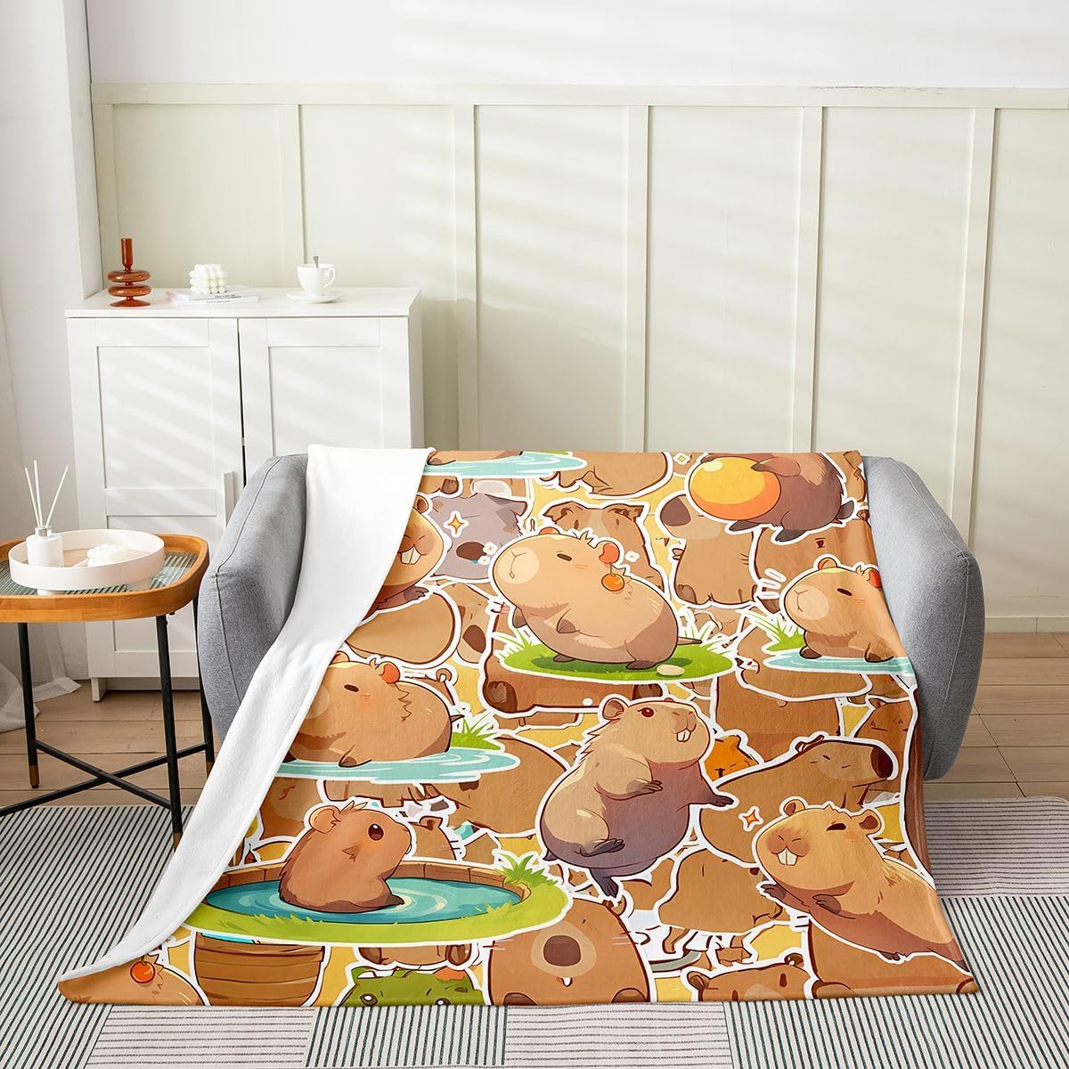 Capybara Flannel Fleece Throw Blanket Twin 60"x80" Kids Gifts for Capybara Lovers All Season Bed Blanket for Bed Sofa Couch Capybara Animals Lovers Fuzzy Blanket Orange Pattern Brown Plush Blanket