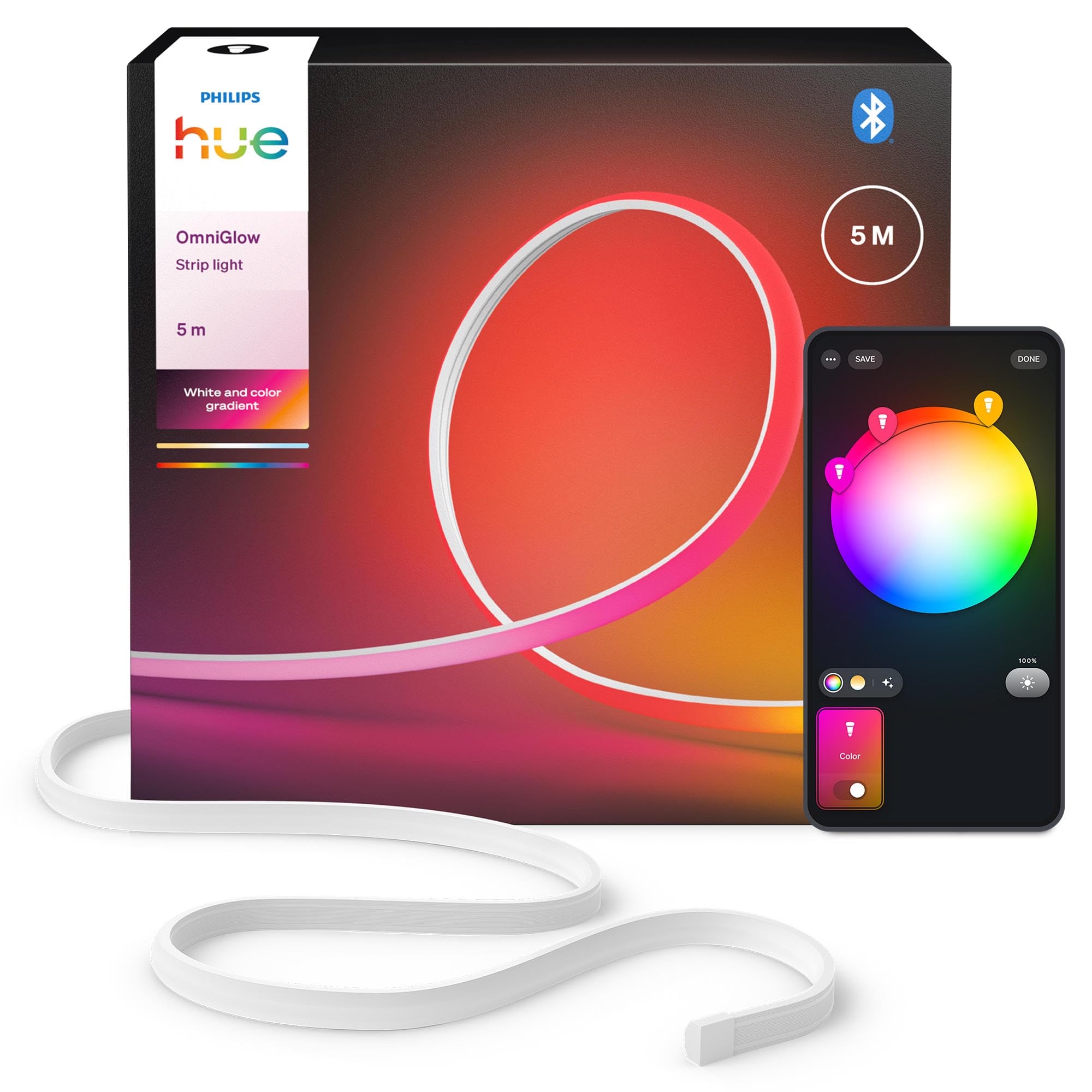 Philips Hue Bande LED OmniGlow Micro 5 mètres, 4500 lm, Ambiance et couleur vive, Ruban LED lumineux flexible et découpable pour intérieur, Contrôle via l'application et par commande vocale