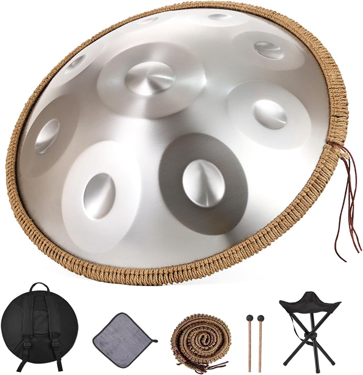 Hand Pan in D Minor 9/10/12Notes Handpan Drum for Adults 432HZ/440HZ Steel Hand Drum Percussion Instrument with Handpan Bag, Drum Sticks, Drum Stand, Cleaning Cloth(9NOTES-Silver,440HZ)