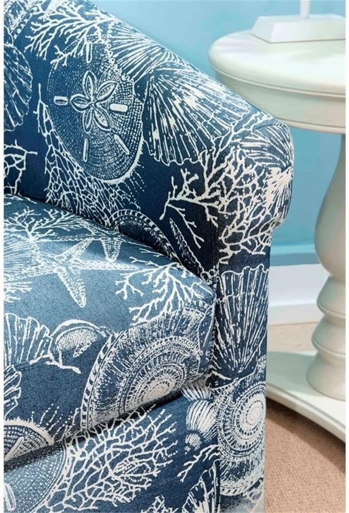 Pemberly Row Swivel Coastal Club Chair, Fabric Upholstery, Blue Seashell Pattern, 31.75" W x 28.5" D x 30.75" H, Nautical Accent Chair for Living Room, Sunroom, Bedroom, Beach House