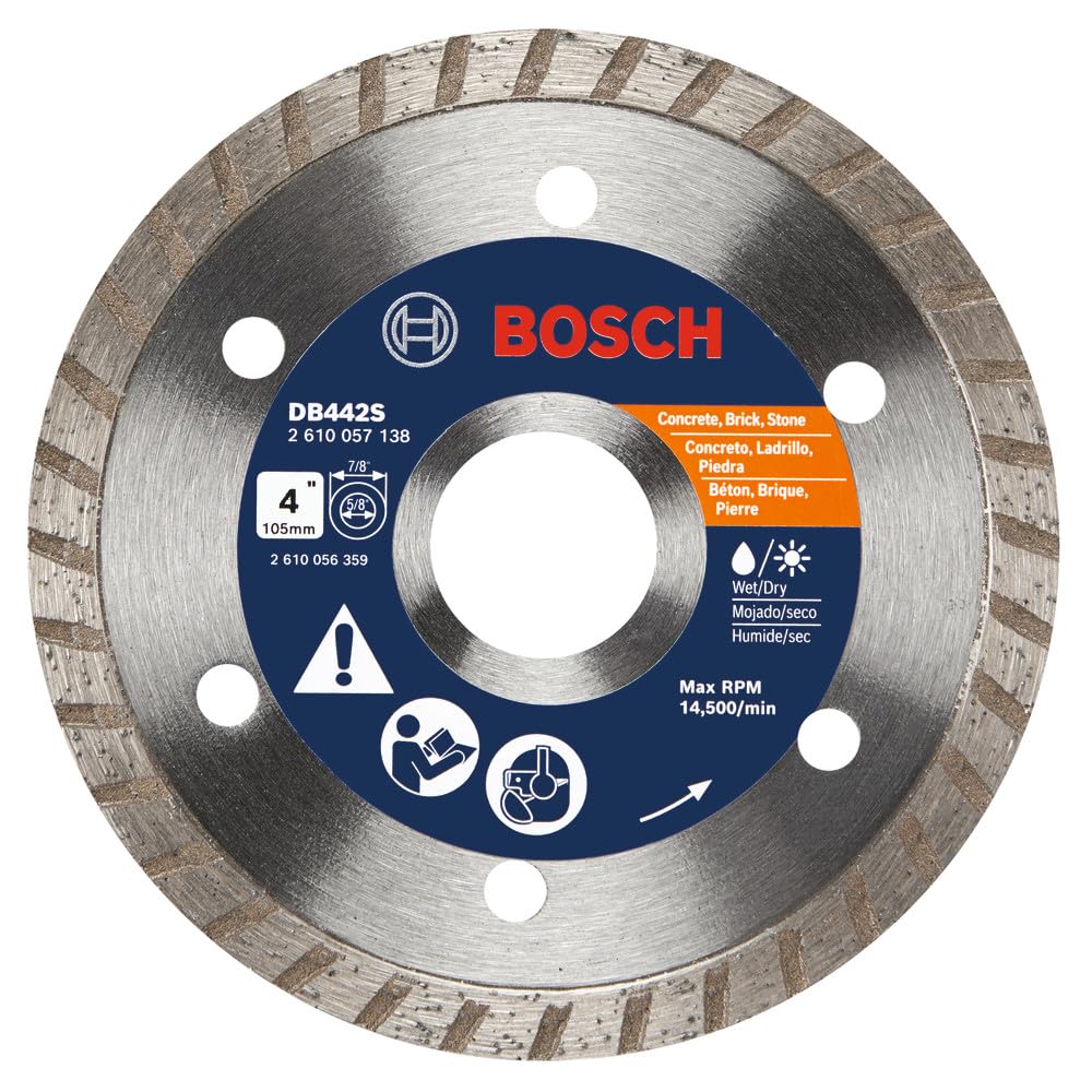 BOSCH DB442S 4 in. Standard Turbo Rim Diamond Blade with 5/8 in., 7/8 in. Arbor for Smooth Cut Wet/Dry Cutting Applications in Concrete, Brick, Stone, Masonry