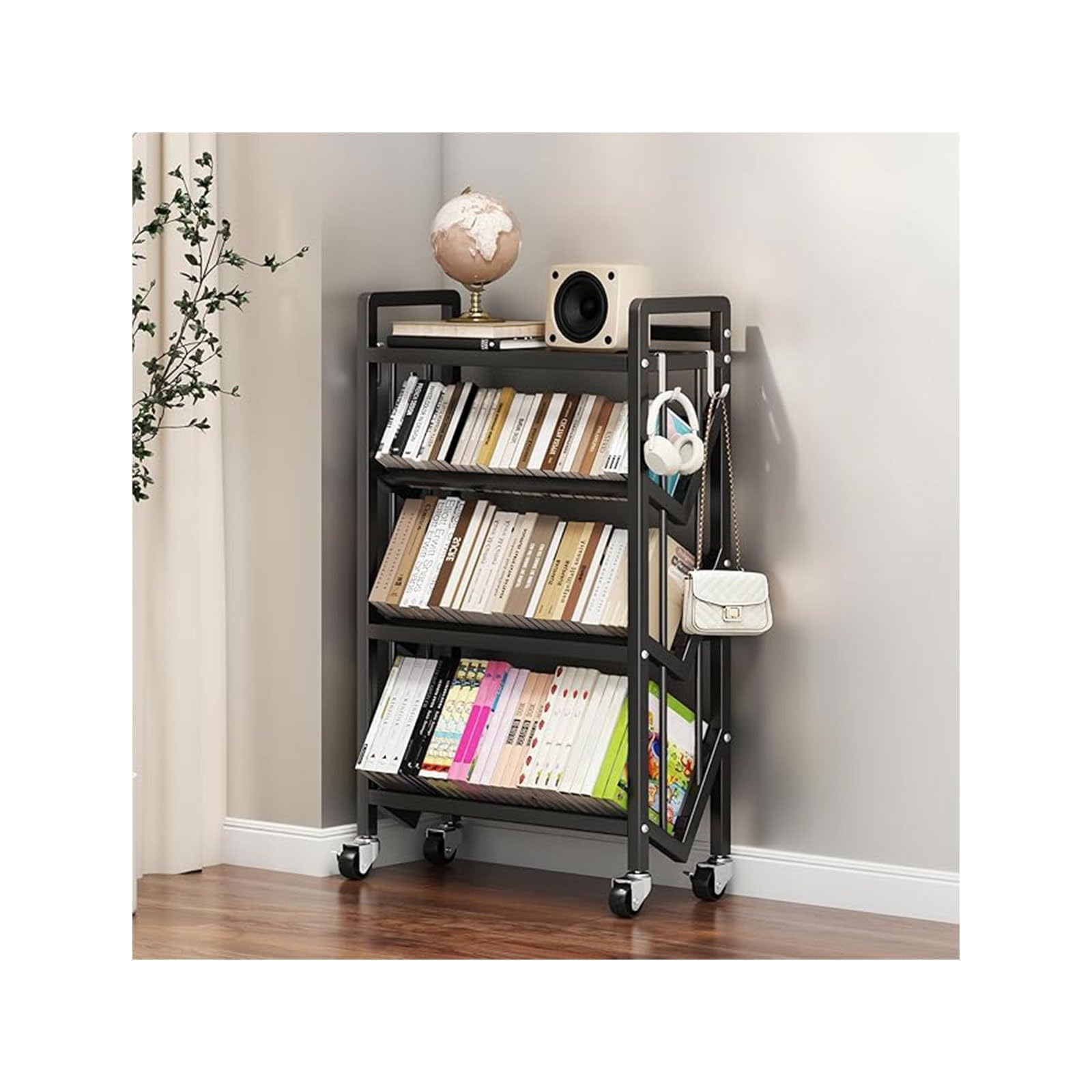 Book Carts with Wheels, Library Rolling Book Cart 2/3/4/5 Tier Movable Bookshelf Mobile Large Capacity L-Shaped Carbon Steel Organizer Rack for Office, Home, Classroom(Black,4 Tiers-27.6x9.8x46.5in)