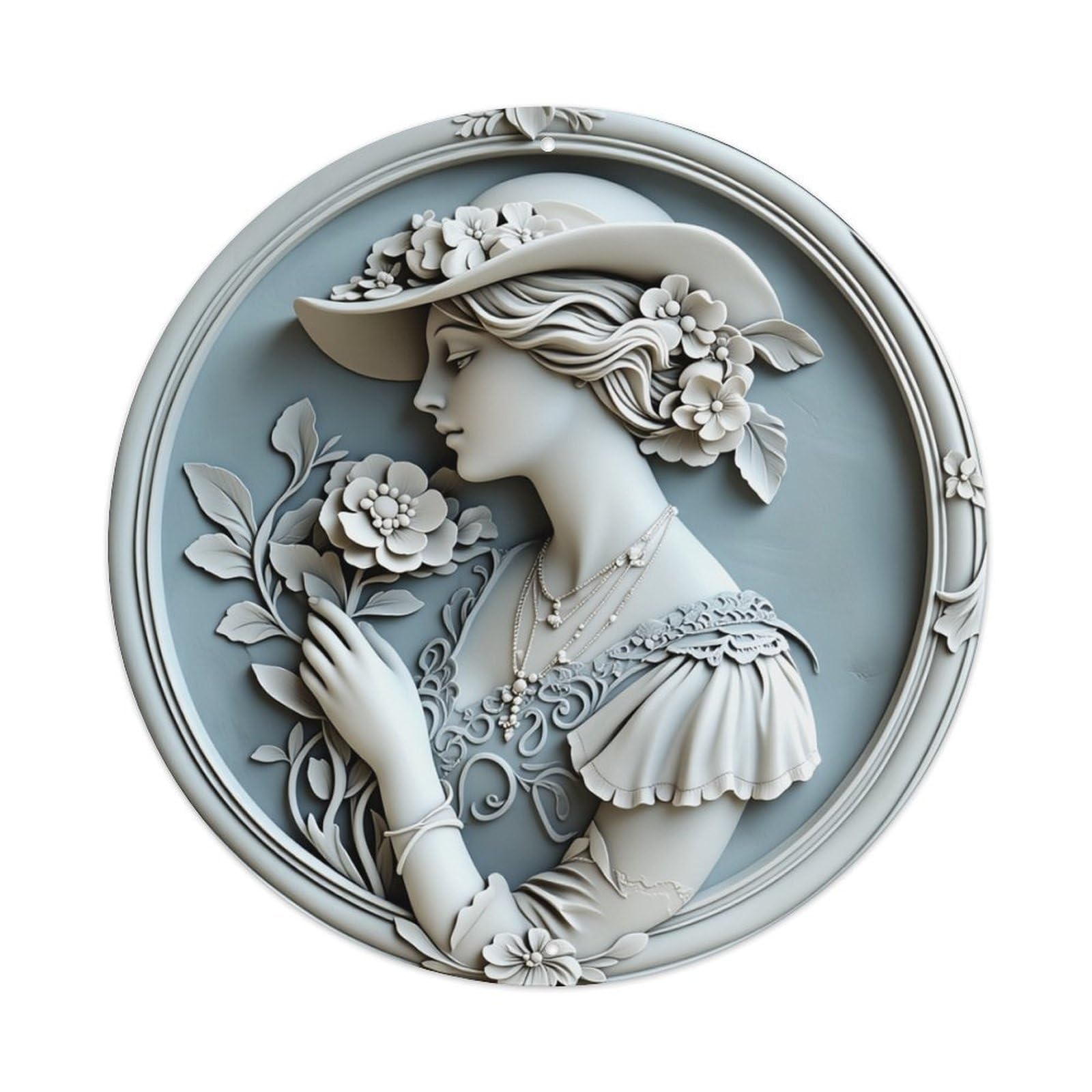 Floral Woman Relief Art Design Round Tin Sign Retro Metal Sign for Cafe Bar Pub Home Game Room Gym Club Wall Decoration Vintage Metal Poster 8x8 Inch