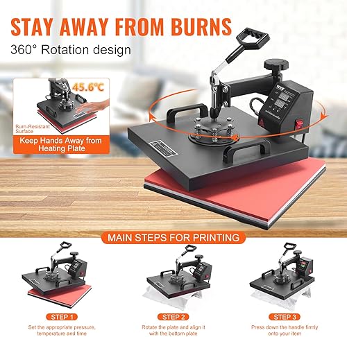 Miniatura 6 de VEVOR - Máquina de prensa de calor 8 en 1 Combo Prensa de calor de 15x15 pulgadas Máquina de transferencia de calor Prensa digital giratoria de 360