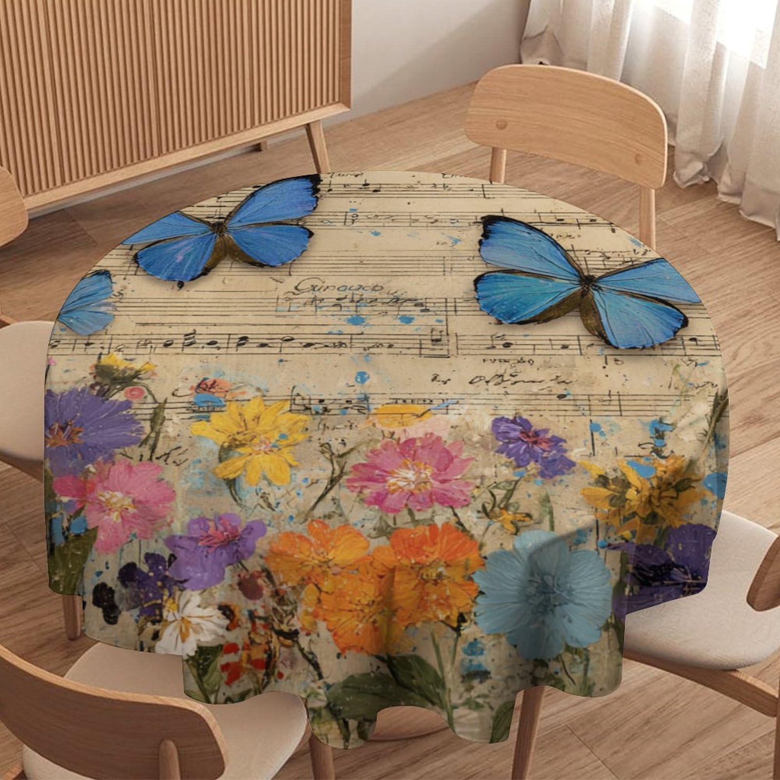 LUYYSKY Elegant Abstract Floral Butterfly Waterproof Round Tablecloth Retro Oil Painting Flowers Animals Butterflies Music Notes Print Washable Table Cover for Kitchen-127 Wx127 L cm