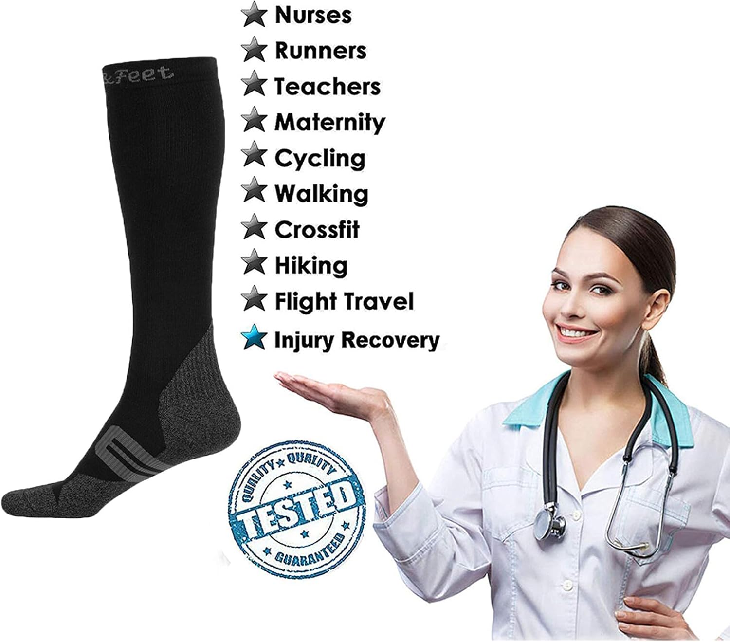 Toes&Feet Men's and Women's Anti Odor Quick Dry Compression(20-30mmHg) Running Socks Graduated Stocking