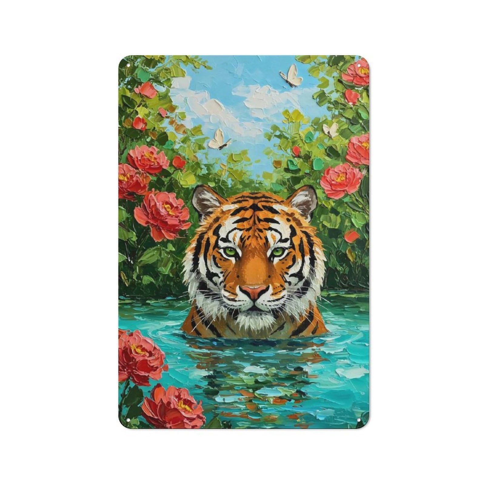 Junmoney Tiger In Water With Flowers Painting Vintage Tin Wall Plaque 30X20cm For Café Or Restaurant, A Decorative Christmas Gift For Café Owners And Decorators