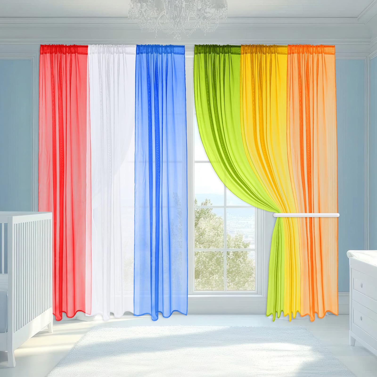 6 Pcs Rainbow Sheer Curtains 6 Colors Sheer Curtains Set 90x55 Inches Colorful Light Filtering Backdrop for Rainbow Party, Wizard Party, School