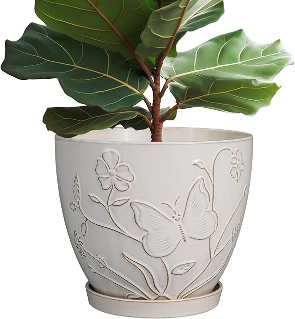 MPotTo 10 Inch Plant Pot Ceramic Planter Pot with Drainage Hole and Saucer Round Planter Large Flower Pot for Indoor Outdoor Plants Home Garden Decor White