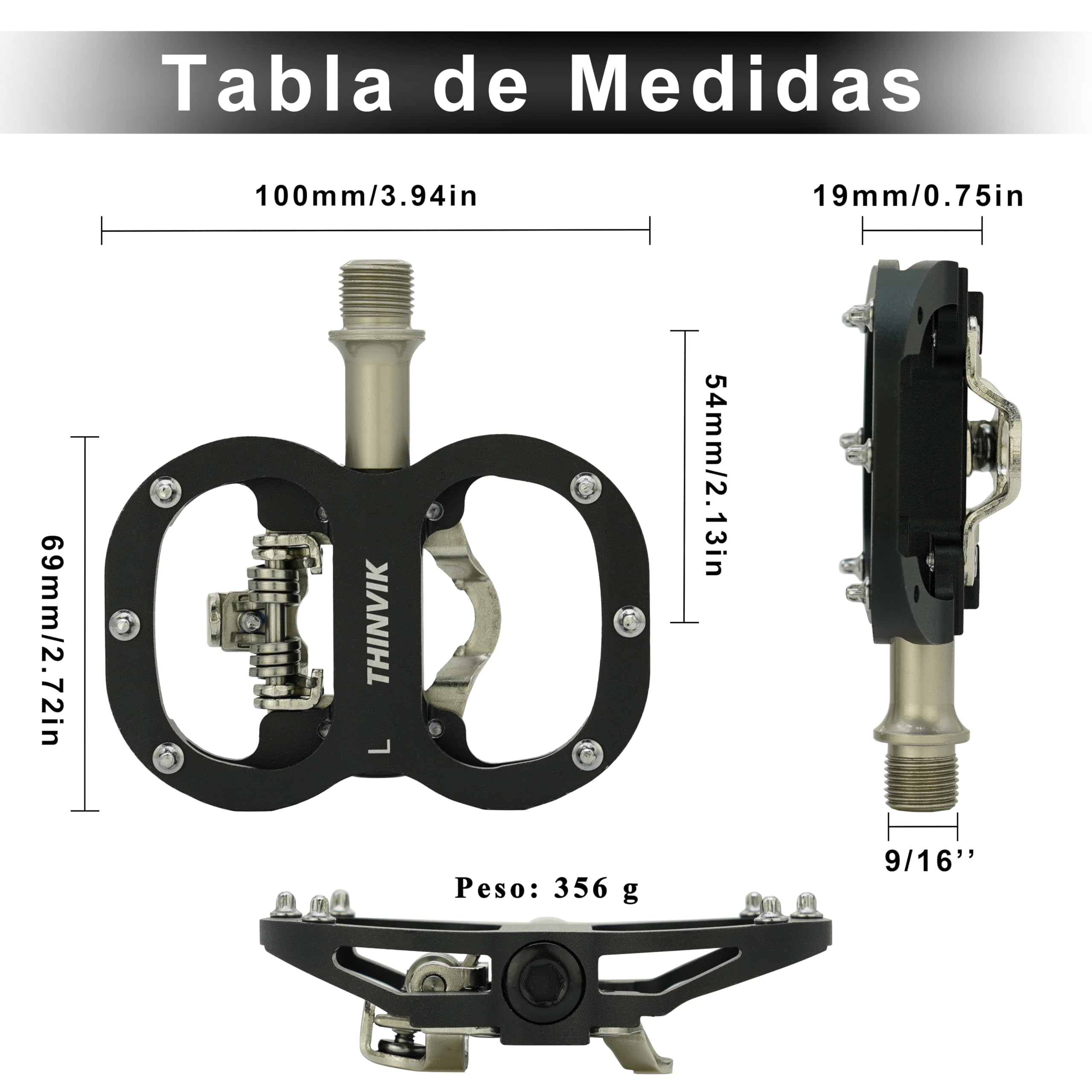 Thinvik Pedales de Bicicleta para Shimano SPD de Doble Función Plataforma y Automáticos para MTB con Calas Compatibles - Pedales de 9/16" Color Negro/Plata