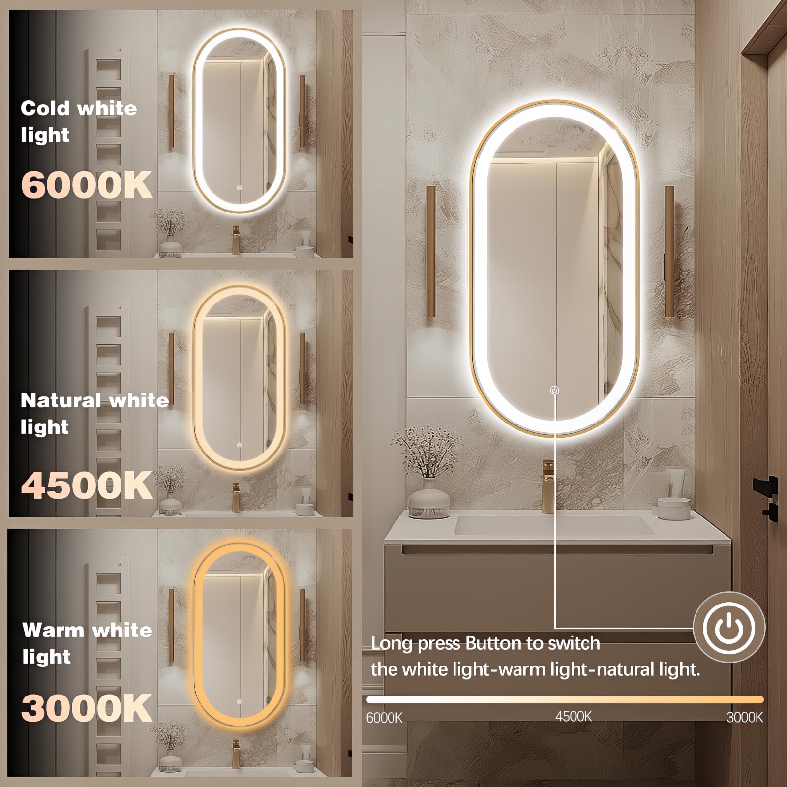 TheiaMo Specchio Da Bagno Ovale A LED 83,8x50,8 Cm - Oro, Cornice In Metallo, Anti-appannamento, IP66, Luce Regolabile 3000-6000K