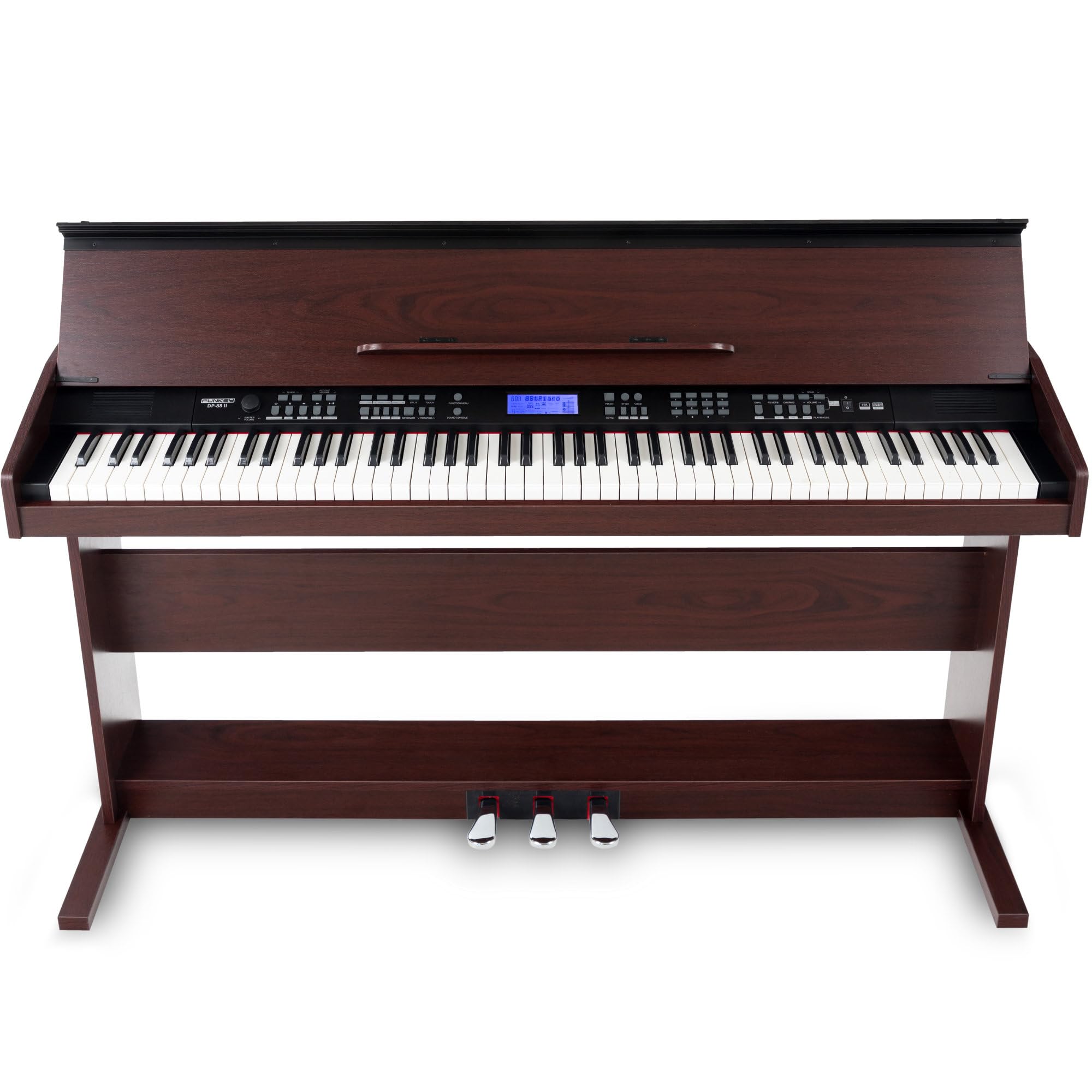 FunKey DP-88 II Digitalpiano (88 anschlagsdynamische Keyboard-Tasten, 128-fach polyphon, 360 Sounds, 160 Styles, MP3-Player, Lernfunktion, Record- & Playback-Funktion, 3 Pedale) braun