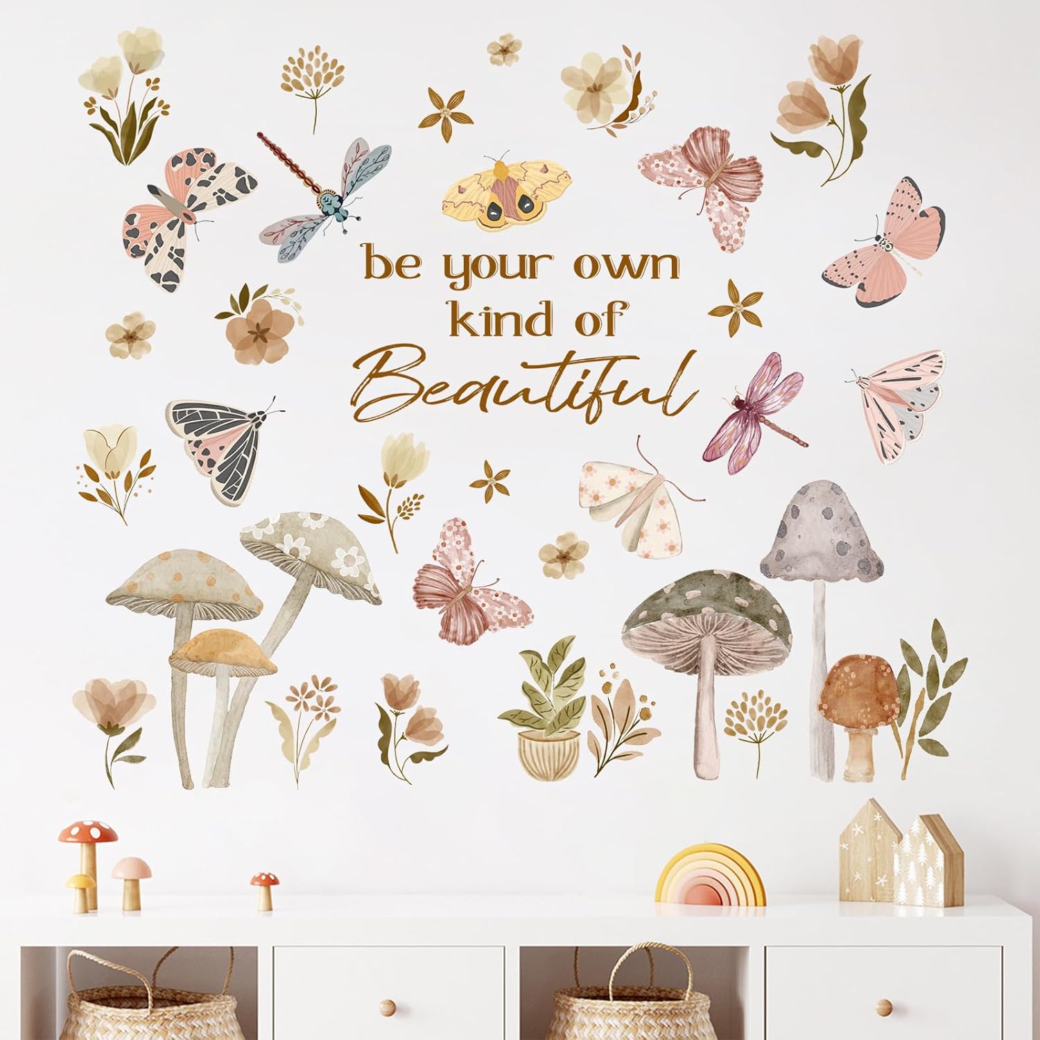 Mfault Boho Floral Mushroom Wall Decals Stickers, Inspirational Be Your Own Kind of Beautiful Butterfly Decorations Bedroom Art, Whimsical Botanical Flower Dragonfly Home Living Room Kitchen Decor