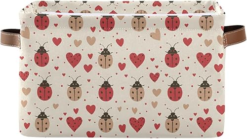 Red Ladybug Heart Pattern closet bins durable canvas with Handles, extra large storage bins, cajas organizadoras, basket with handle 14.2x10.2x8.3 IN