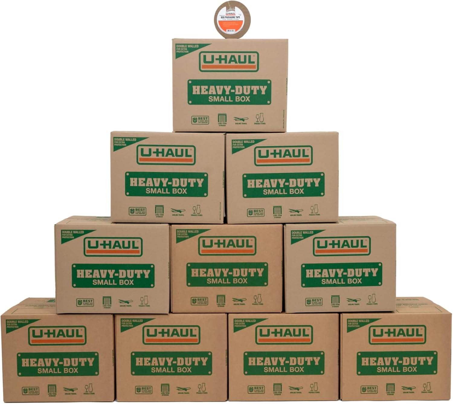 11-Piece U-Haul Small Heavy-Duty Double Wall Moving & Shipping Boxes - Pack of 10 Boxes with Handles - 16-3/8” x 12-5/8” x 12-5/8” (L x W x H) - 1 Bonus Roll of Packing Tape
