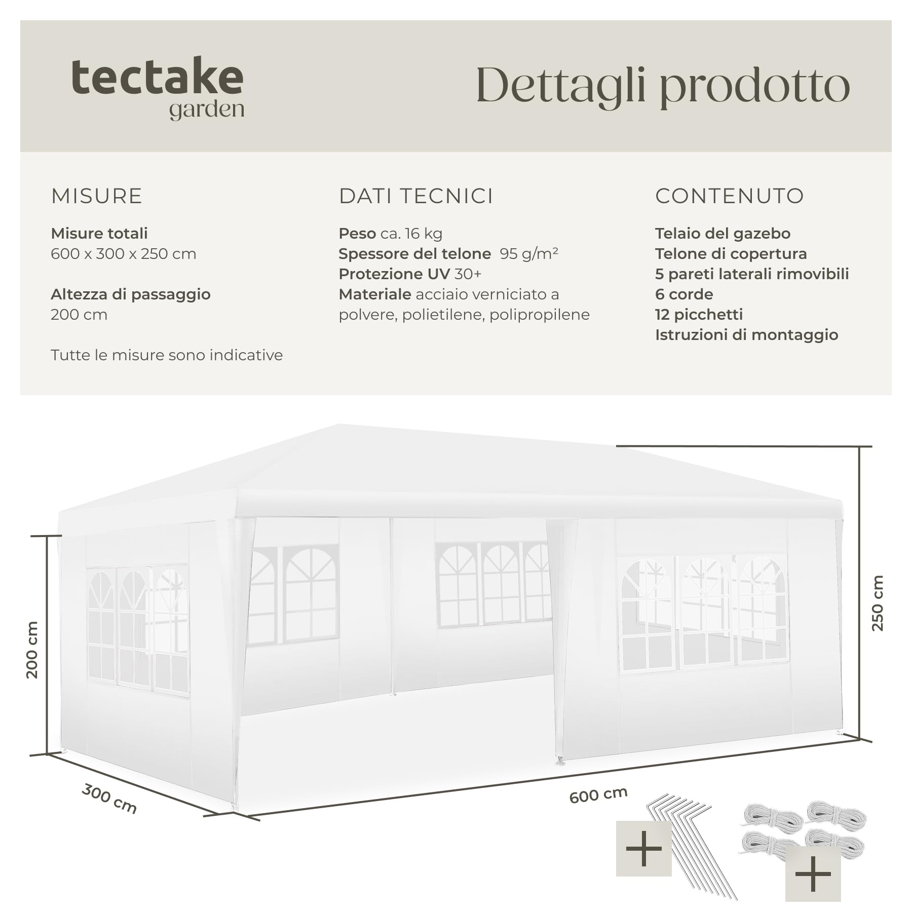 tectake® Gazebo 3x6 m, impermeabile con 5 pannelli laterali rimovibili, struttura in acciaio, tenda con protezione UV, tendone per feste, balconi, campeggio, auto, gazebo terrazzo esterno - Bianco
