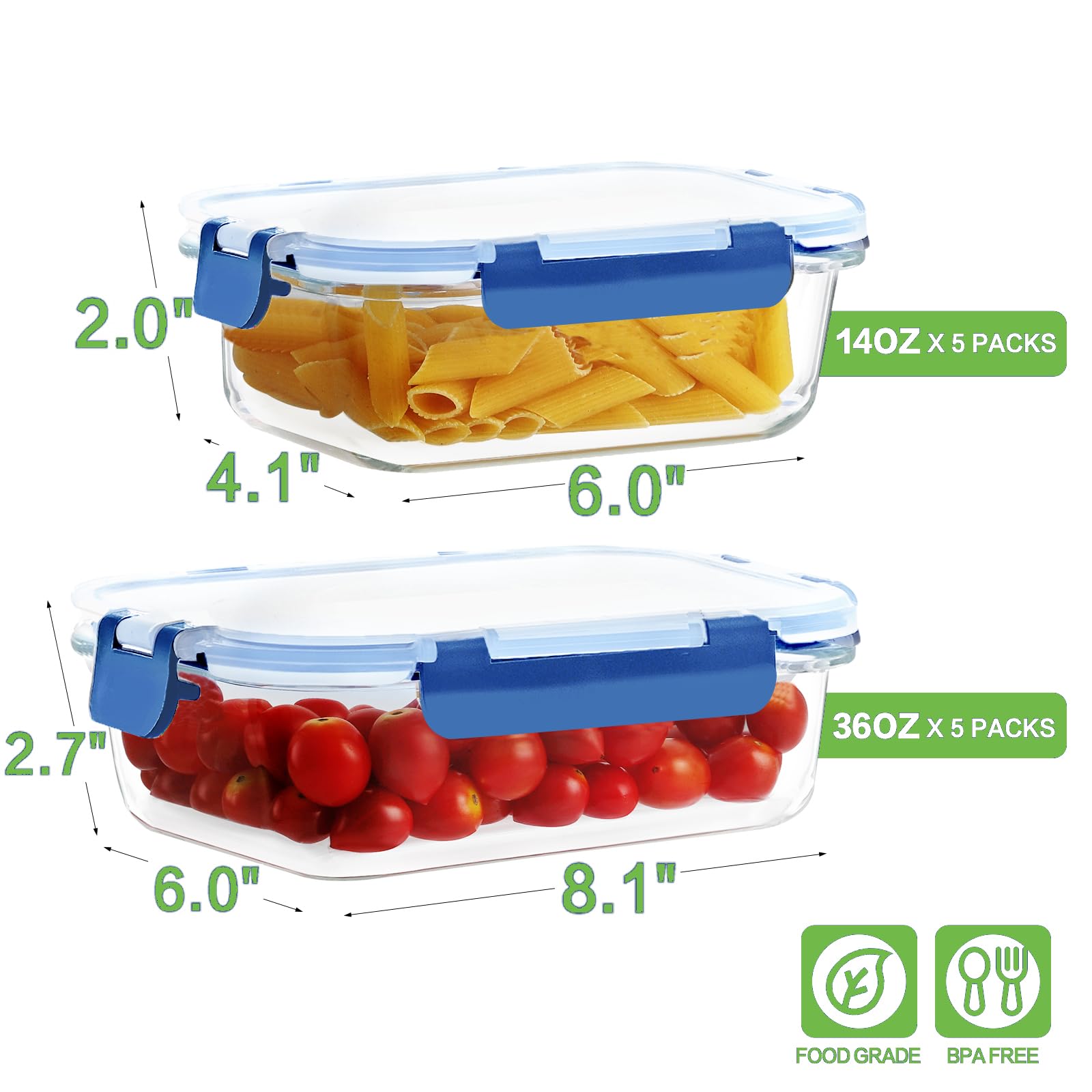 Confezione da 10 contenitori in vetro borosilicato per la preparazione dei pasti con coperchio di bloccaggio, set di contenitori ermetici per il pranzo, senza BPA e a prova di perdite, 1020,6 g e
