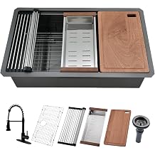 30x16 Inch Black Undermount Kitchen Sink with Faucet - 30 Inch Black Stainless Steel Single Bowl Undermount Sink Workstation with Cutting Board & Accessories