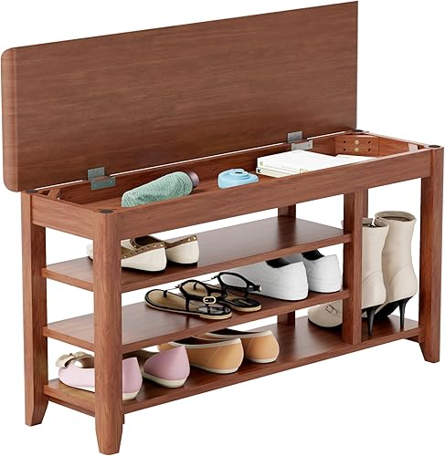 with Space for Boots,Shoe Rack, Shoe Bench, 3-Tier,Wooden Frame,flip-up Storage Compartment,Hidden Storage,Space-Saving,Entrance, Corridor,Front