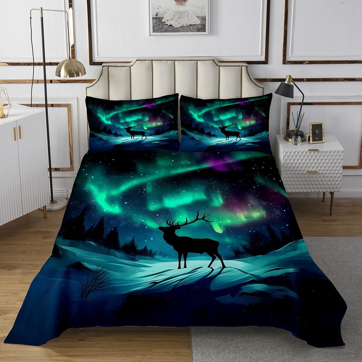 Erosebridal Aurora Deer Quilt Set King Size,Northern Lights Bedding Set for Kids Adults,Farmhouse Cabin Deer Bedspread Set Starry Night Nature Coverlet Set with 2 Pillowshams Room Decor