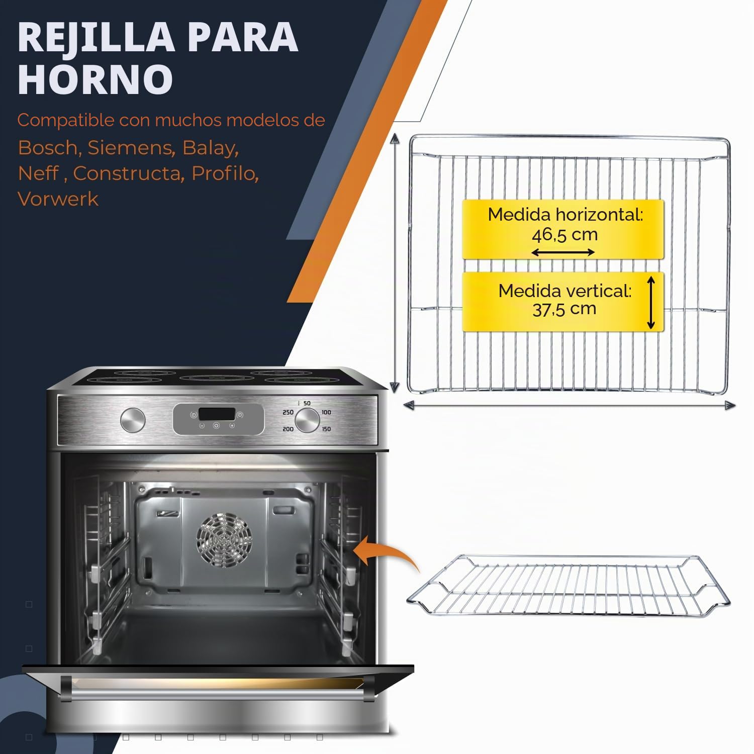 Kenekos - Rejilla para horno, 465 x 375 x 21 mm, compatible con Bosch Siemens como 00574876/574876 HEZ334000, resistente al calor, apto para lavavajillas, parrilla para tartas, parrilla para horno