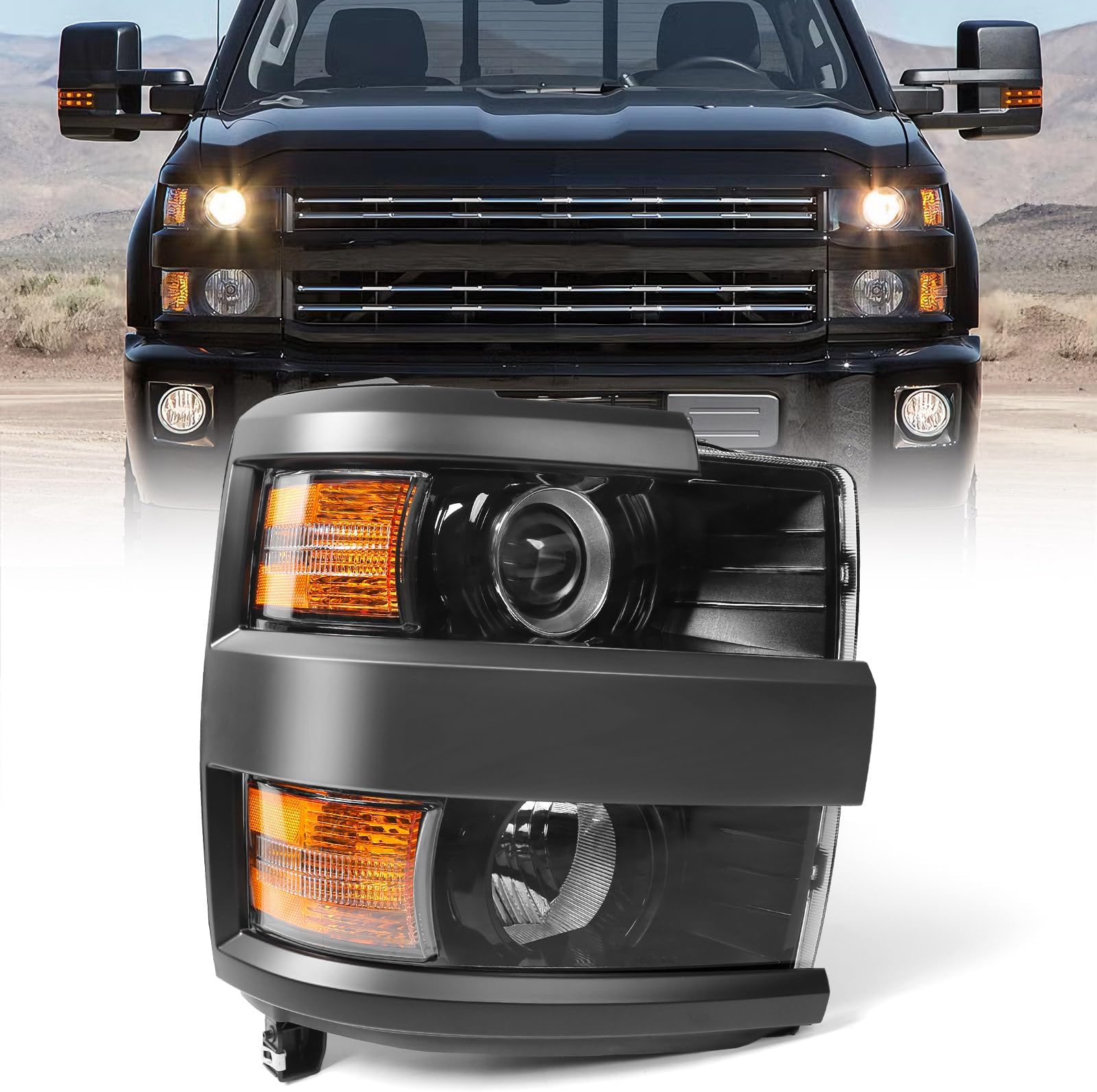 Halogen Headlight Assembly Compatible with Chevy Silverado 2500HD 3500HD 2015 2016 2017 2018 2019 (with Bulbs) Factory Replacement Head Light Lamp Black Housing Right Passenger Side