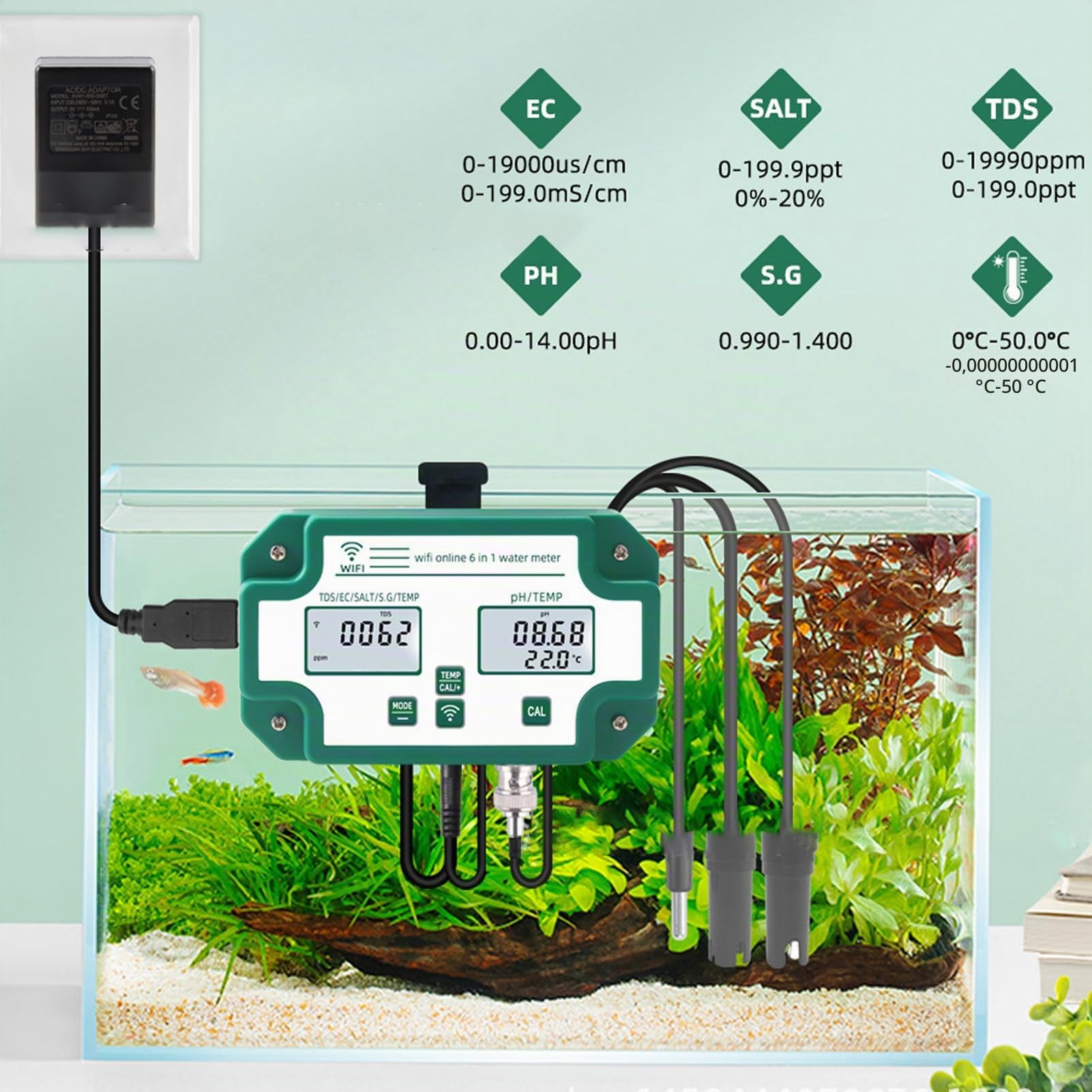 Medidor de Calidad del Agua Función 6 en 1 Medidor de Prueba de Calidad del Agua PH TDS EC SG Analizador de Temperatura de Sal Monitor de Calidad del Agua(EU Plug)
