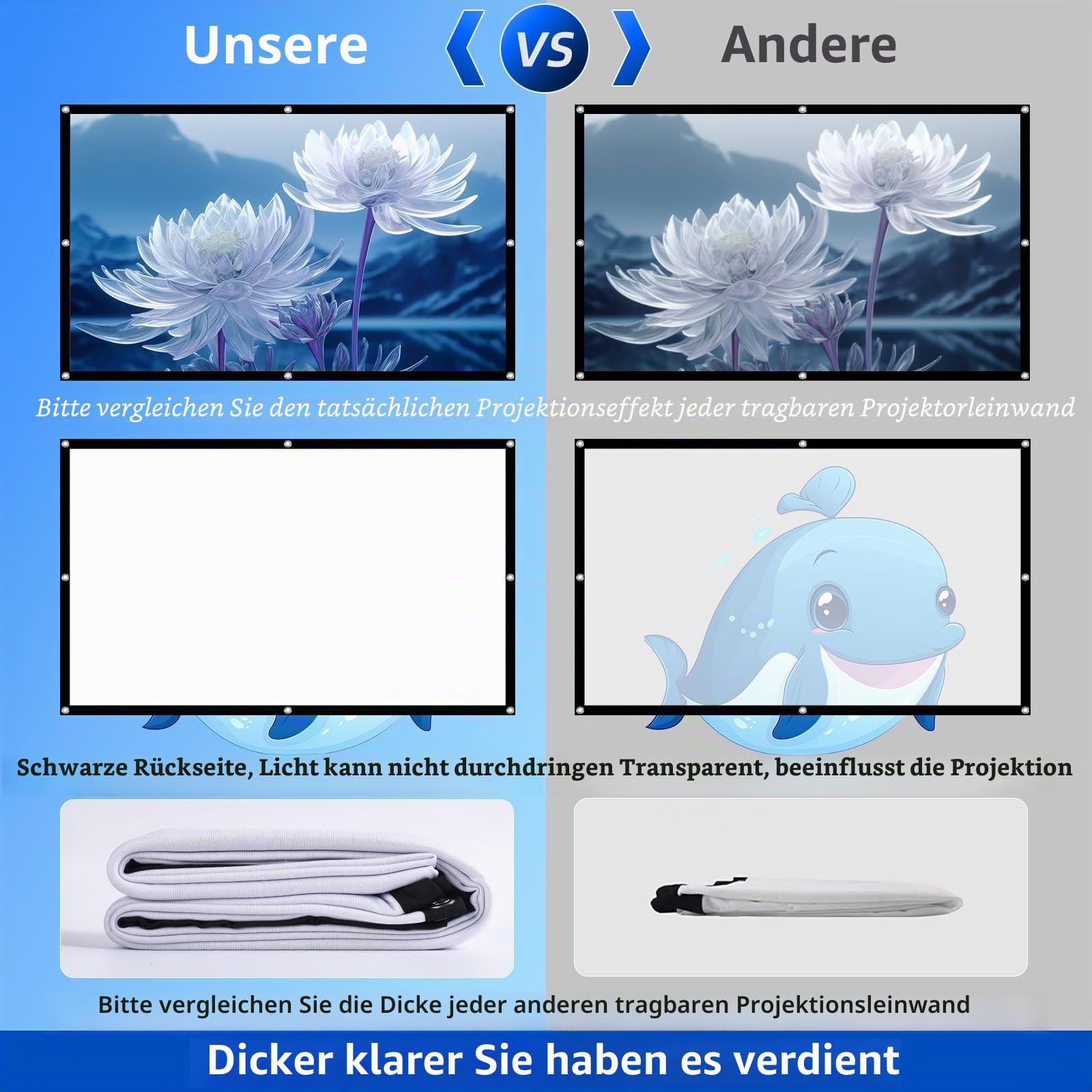 Beamer Leinwand 84 Zoll + Schwarze Rückseite Gegen-Lichtdurchlässigkeit,16:9/Faltenfrei/160°/Waschbar/Faltbar,Indoor/Outdoor, Inklusive Nagelhaken und Handtasche