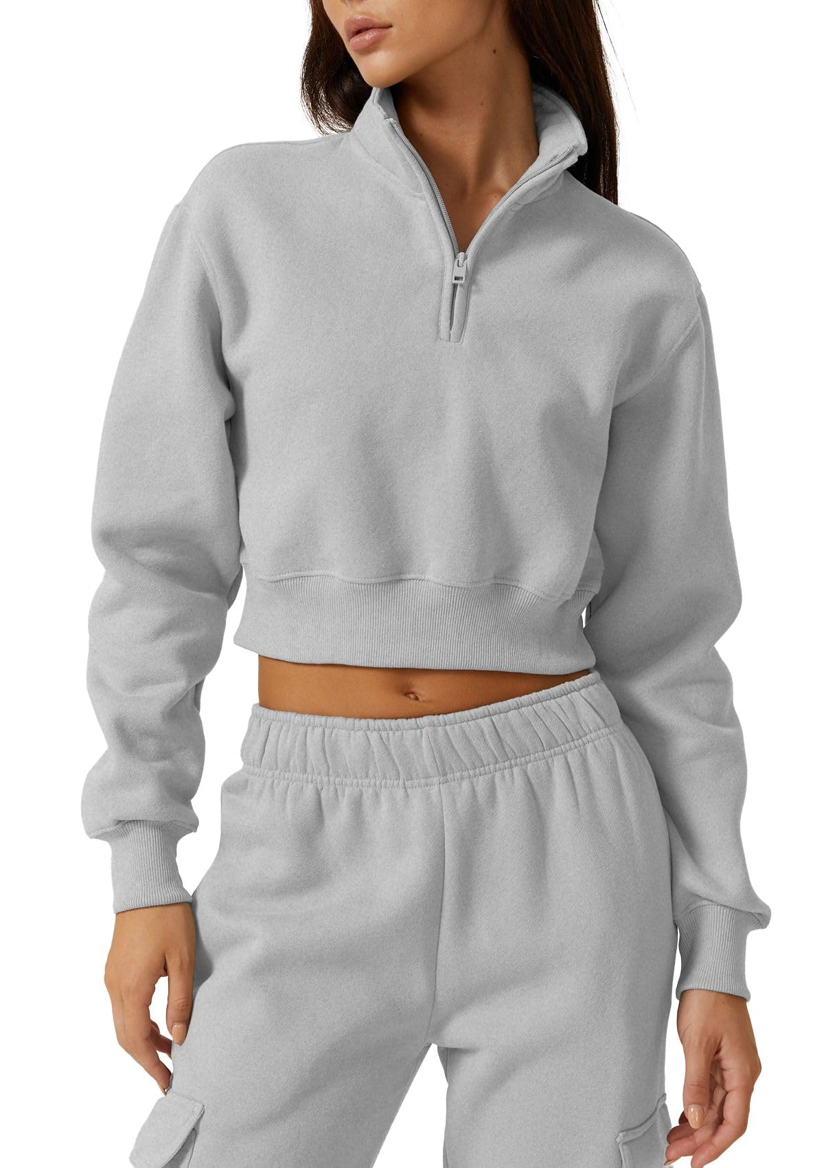 QINSEN Womens Half Zip Crop Sweatshirt High Neck Long Sleeve Pullover Cropped Top
