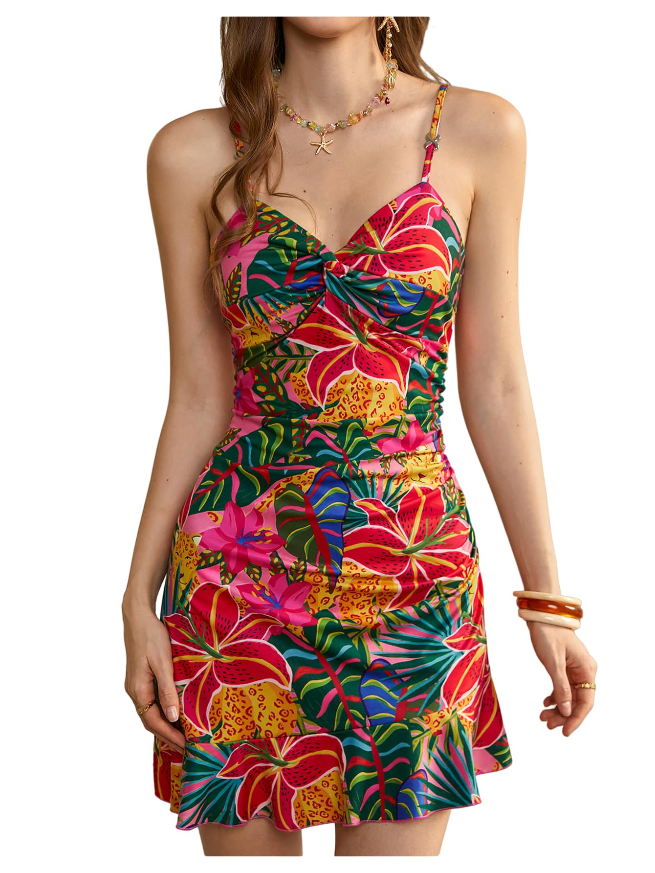 Women's Summer Tropical Twist Front Ruched Ruffle Hem Bodycon Dress