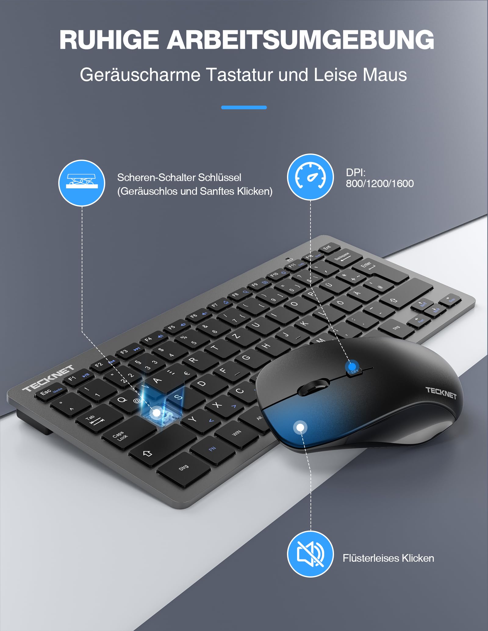 TECKNET Set senza fili, con layout tedesco QWERTZ, 2,4 GHz, mini tastiera radio mouse, connessione 15 m, tastiera wireless silenziosa con mouse per PC, laptop, Smart TV