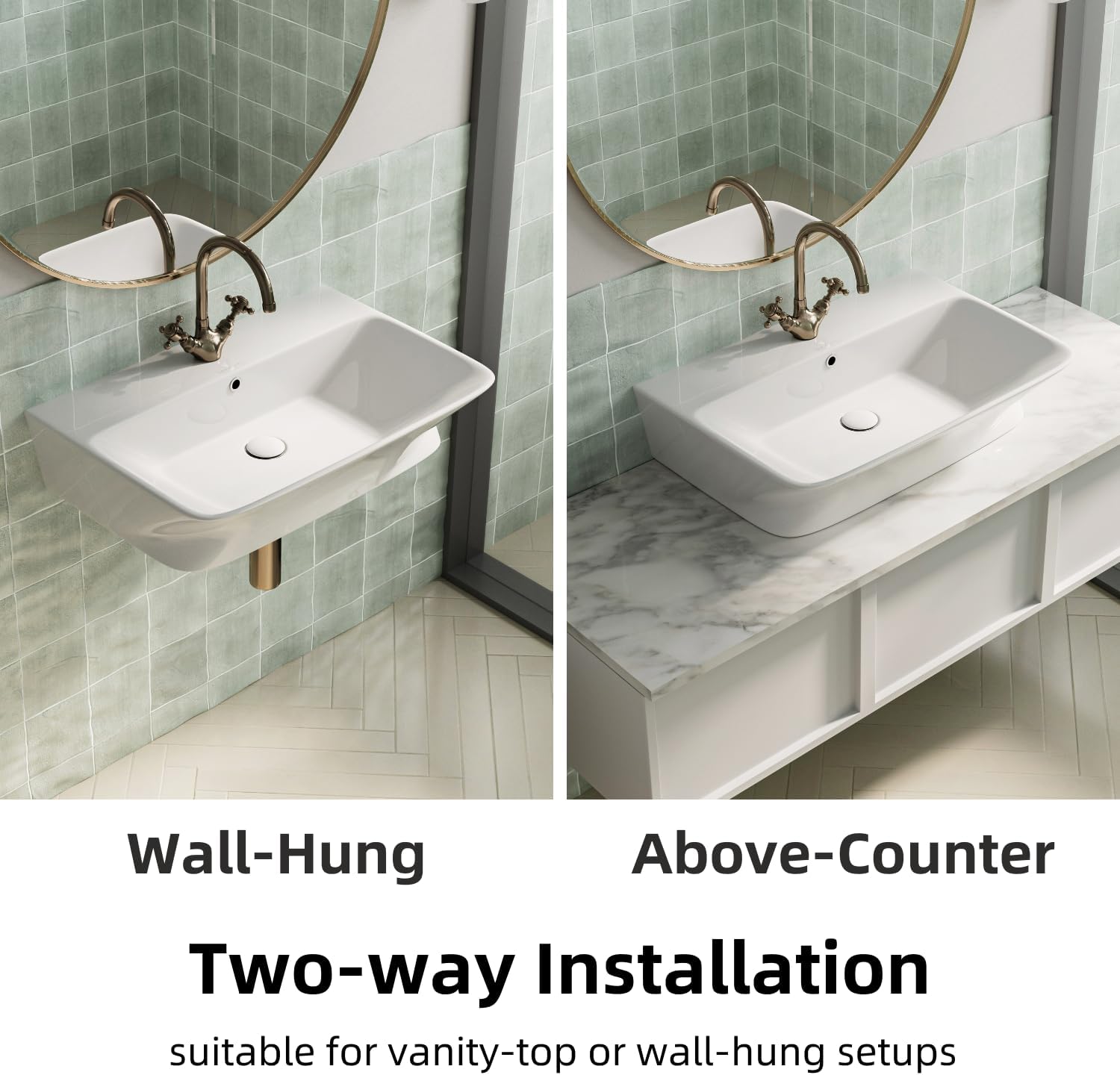 24"W x 17"D Wall Hung Sink With Overflow, Los Flexi Rectangle Vessel Sink With One Faucet Hole for Bathroom, Pop-up Drain With 2 Covers Included, Floating Bathroom Wall Mount Sink with Curved Design
