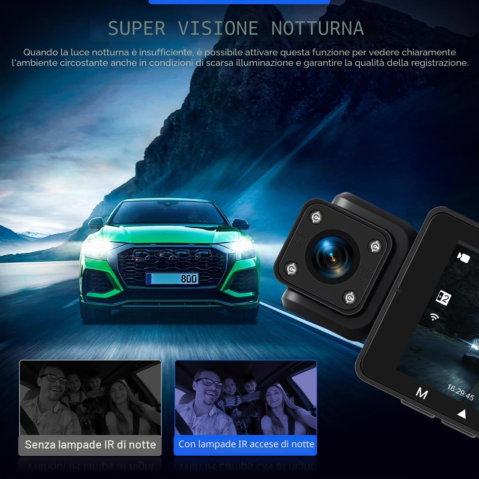 Dash Cam Auto 360 Gradi 4 Canali 1080P, Schermo 3 Pollici | Dash Cam Tutto Intorno con WiFi/64GB/G-Sensor/Telecamera Posteriore/Visione Notturna/Registrazione in Loop