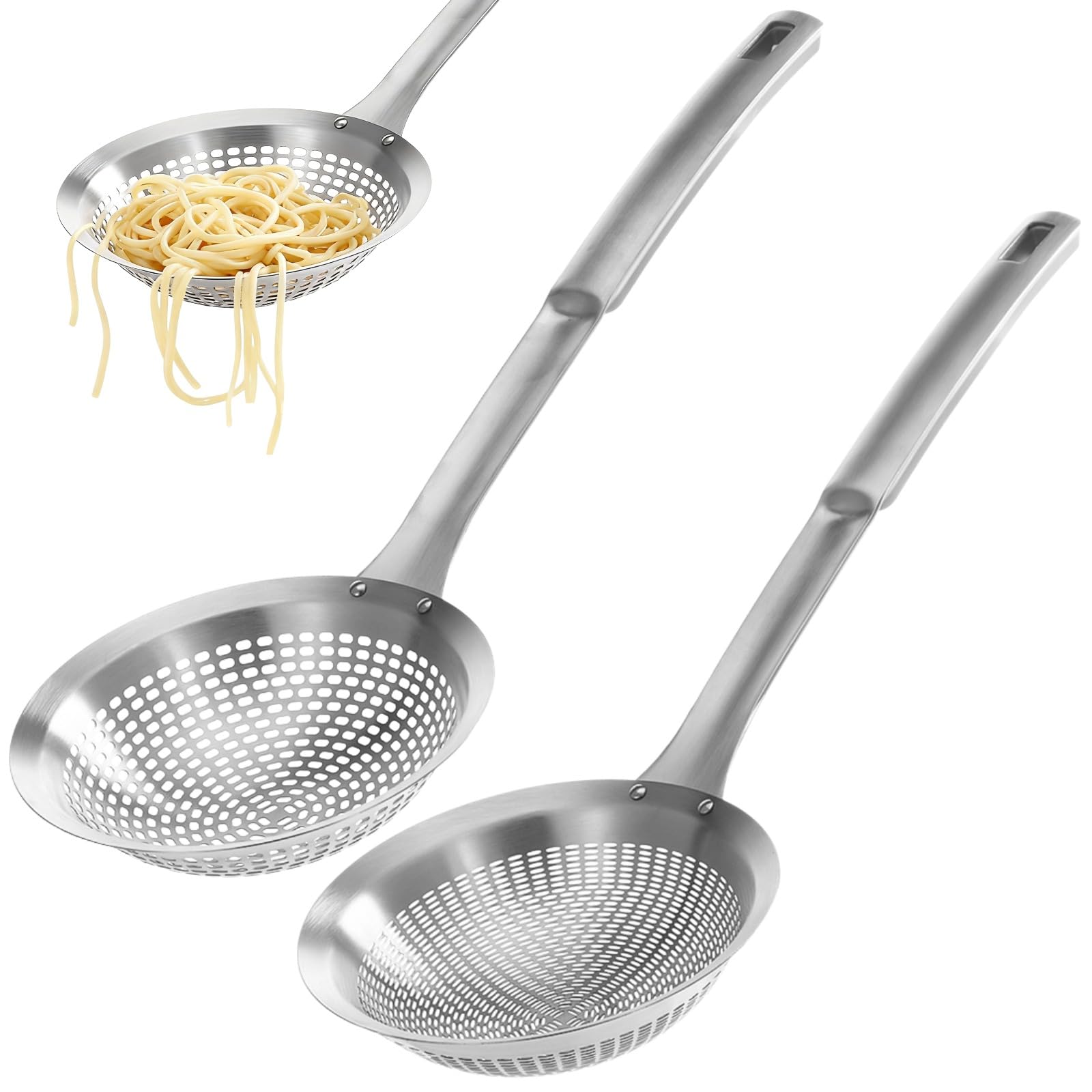 2 Stk. 304 Edelstahl Schaumlöffel-Set, 5,51 Zoll Schöpflöffel mit großen und kleinen Löchern, langer Nylon-Griff, Sieb für Frittieren, Hot Pot und Nudeln, 36,5 x 14 x 3,9 cm