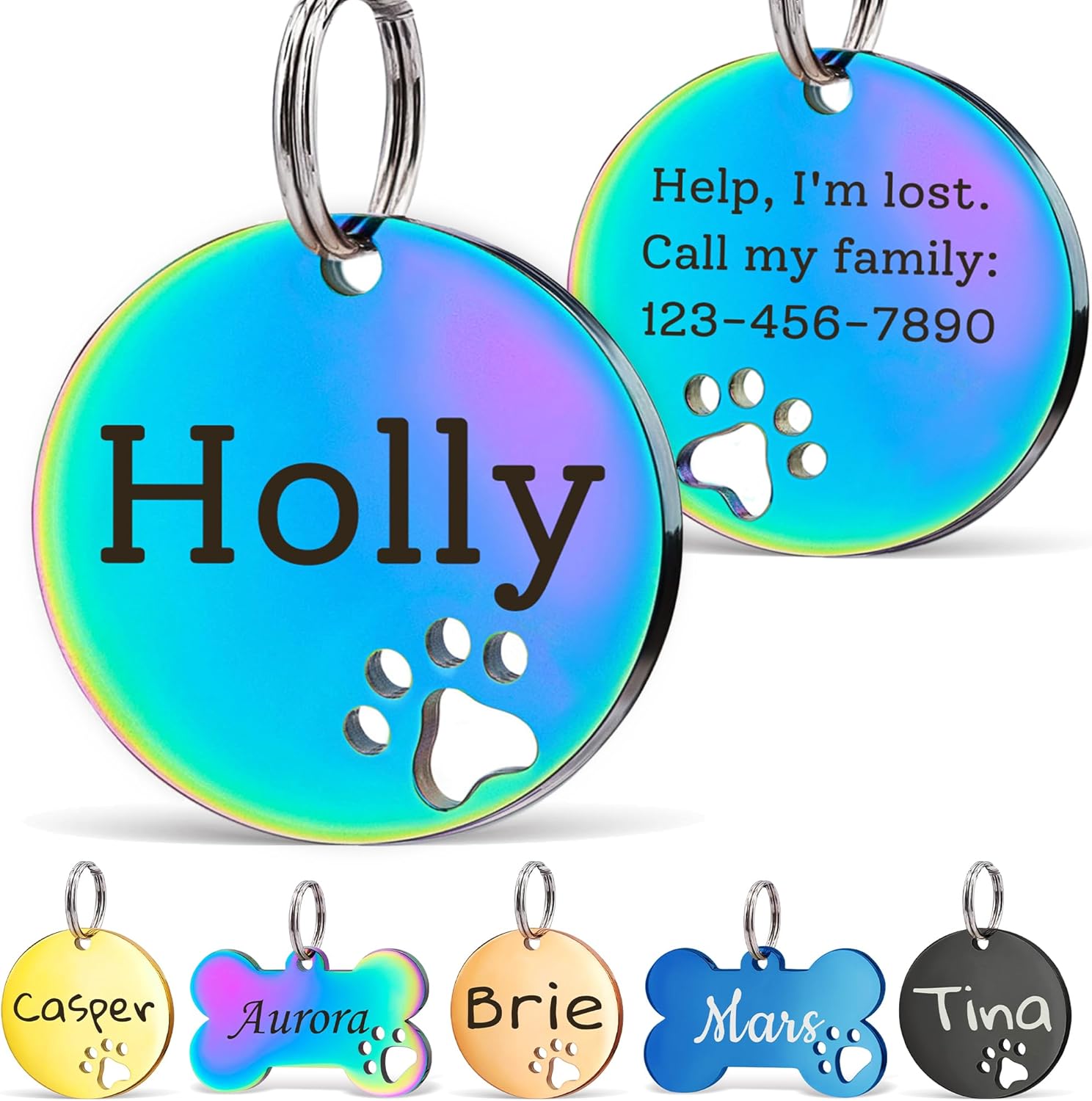 Anavia Paw Print Pet ID Tags, S/M/L Personalized Color Plated Stainless Steel Cat Dog Tags, Customized Engraved Glossy Dog Name Tag Pet Collar Tag (Rainbow, Round-Medium)