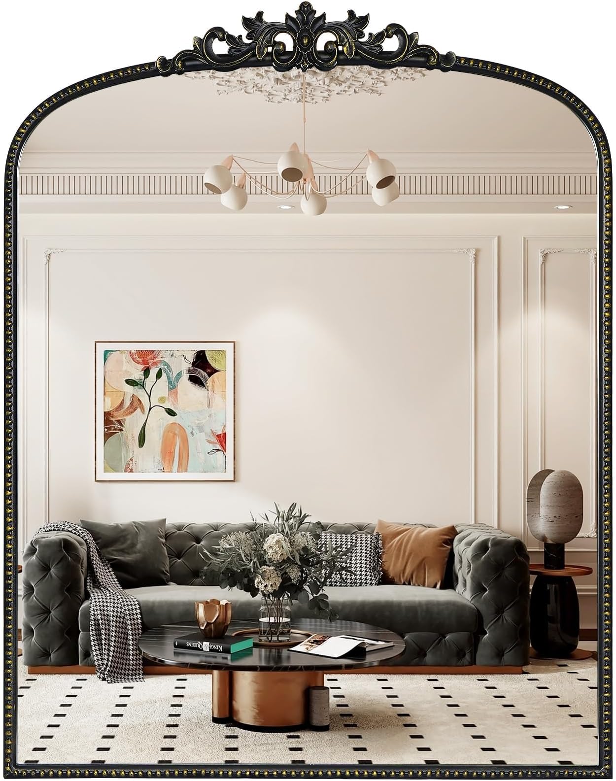 WallBeyond Black Vintage Mirror for Vanity 28x36 Inch, Black Antique Mirror with Ornate Frame, Arched Vintage Wall for Bathroom, Living Room, Fireplace, Entryway