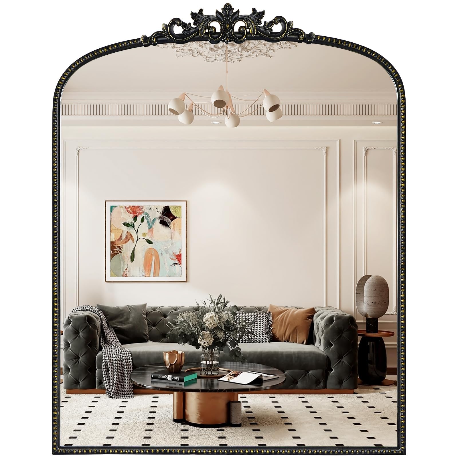 WallBeyond Black Vintage Mirror for Vanity 28x36 Inch, Black Antique Mirror with Ornate Frame, Arched Vintage Wall for Bathroom, Living Room, Fireplace, Entryway