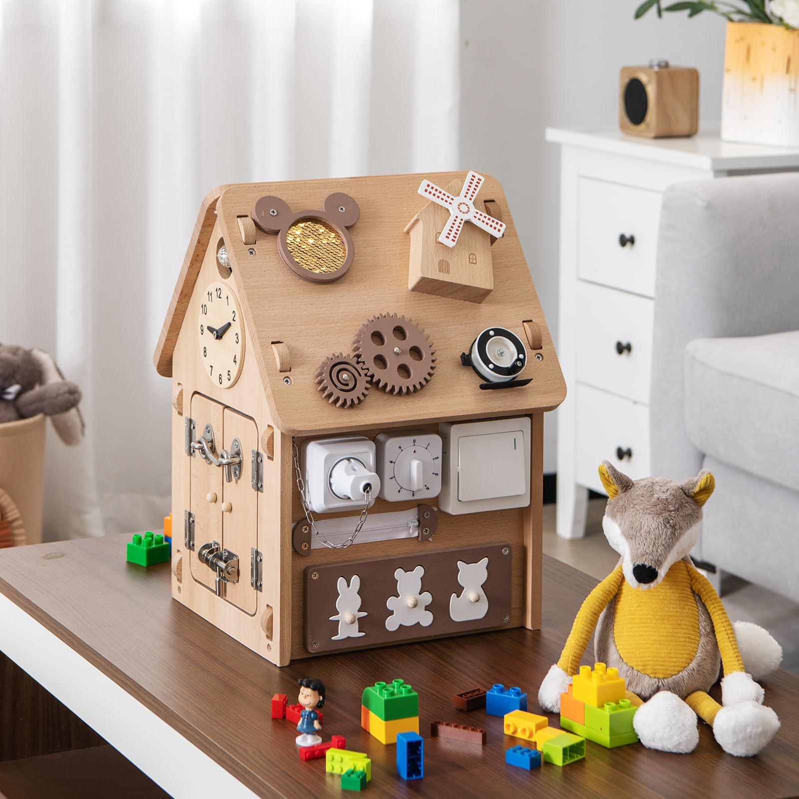 COSTWAY Domek do zabawy dla dzieci z drewna, sensoryczny domek z zabawkami sensorycznymi i miejscem do przechowywania wewnątrz, zabawka Montessori, kostka do aktywności, prezent dla chłopców i
