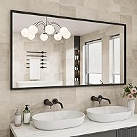 Vista 93 de Espejo de baño negro de 20x30 pulgadas con marco de metal negro, espejo de tocador rectangular redondeado con acabado mate para pared, con vidrio
