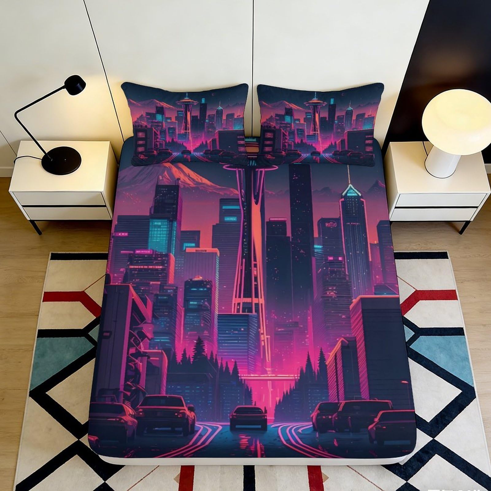 3D Printed Cyberpunk City Fitted Sheet Microfiber Deep Pocket Bed Sheet Neon Skyline Mattress Cover for Bedroom Decor 90x200x25cm