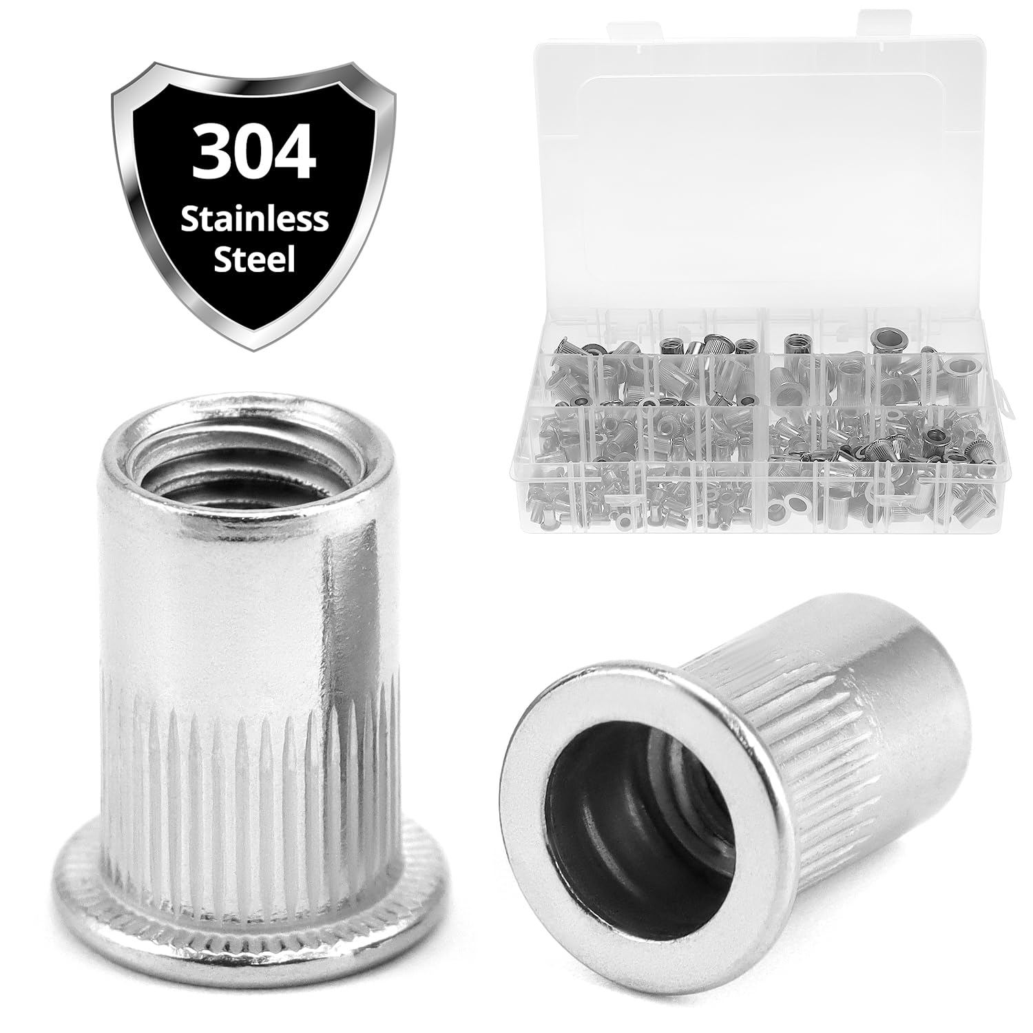 QWORK® Lot de 250 écrous à rivets en acier inoxydable 304, 6 tailles, M3 M4 M5 M6 M8 M10