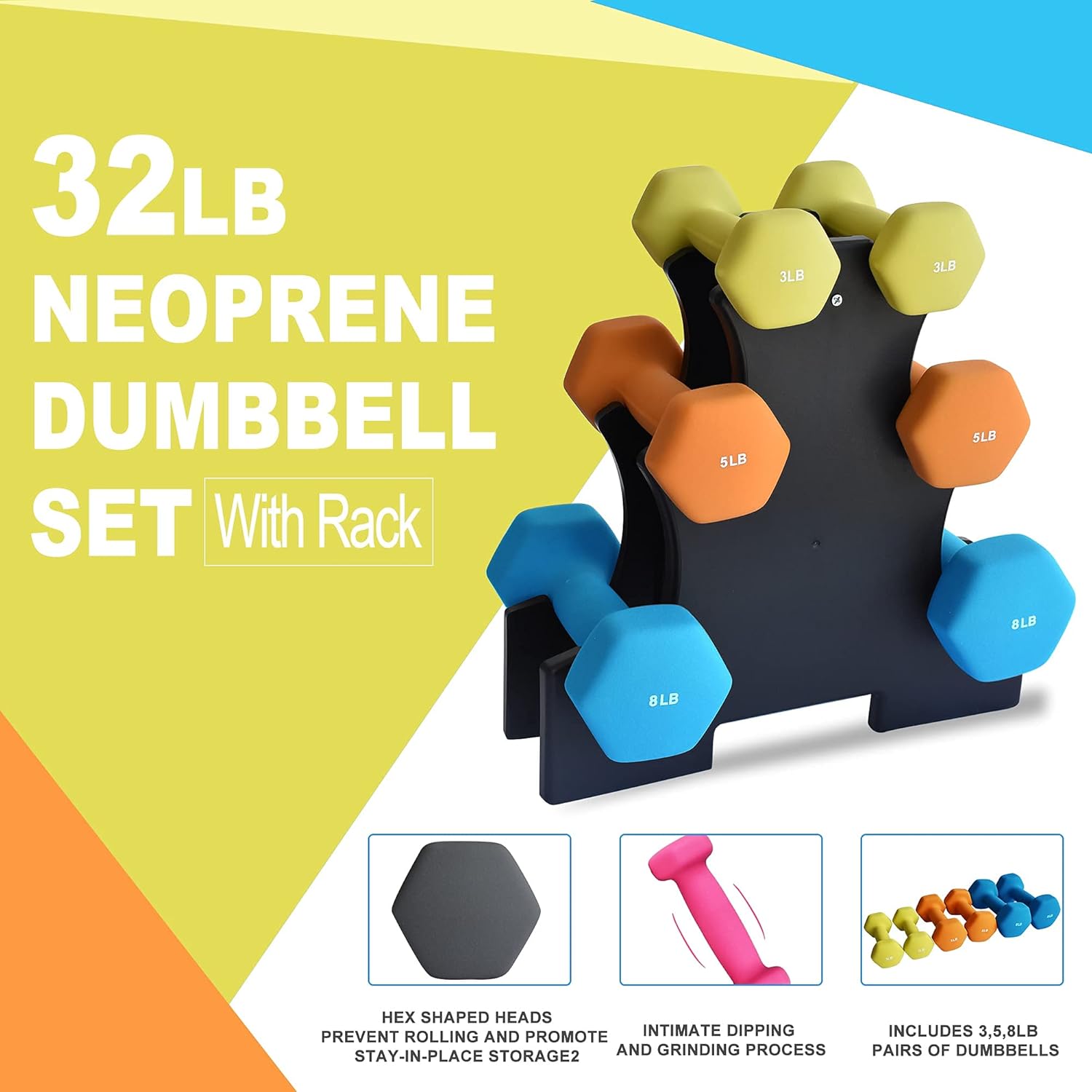 Balelinko 3LB, 5LB & 8LB Hand Weights Neoprene Coated Hex Dumbbell Set with Rack Stand, Exercise & Fitness Dumbbell for Home Gym Equipment Workouts Strength Training : Sports & Outdoors