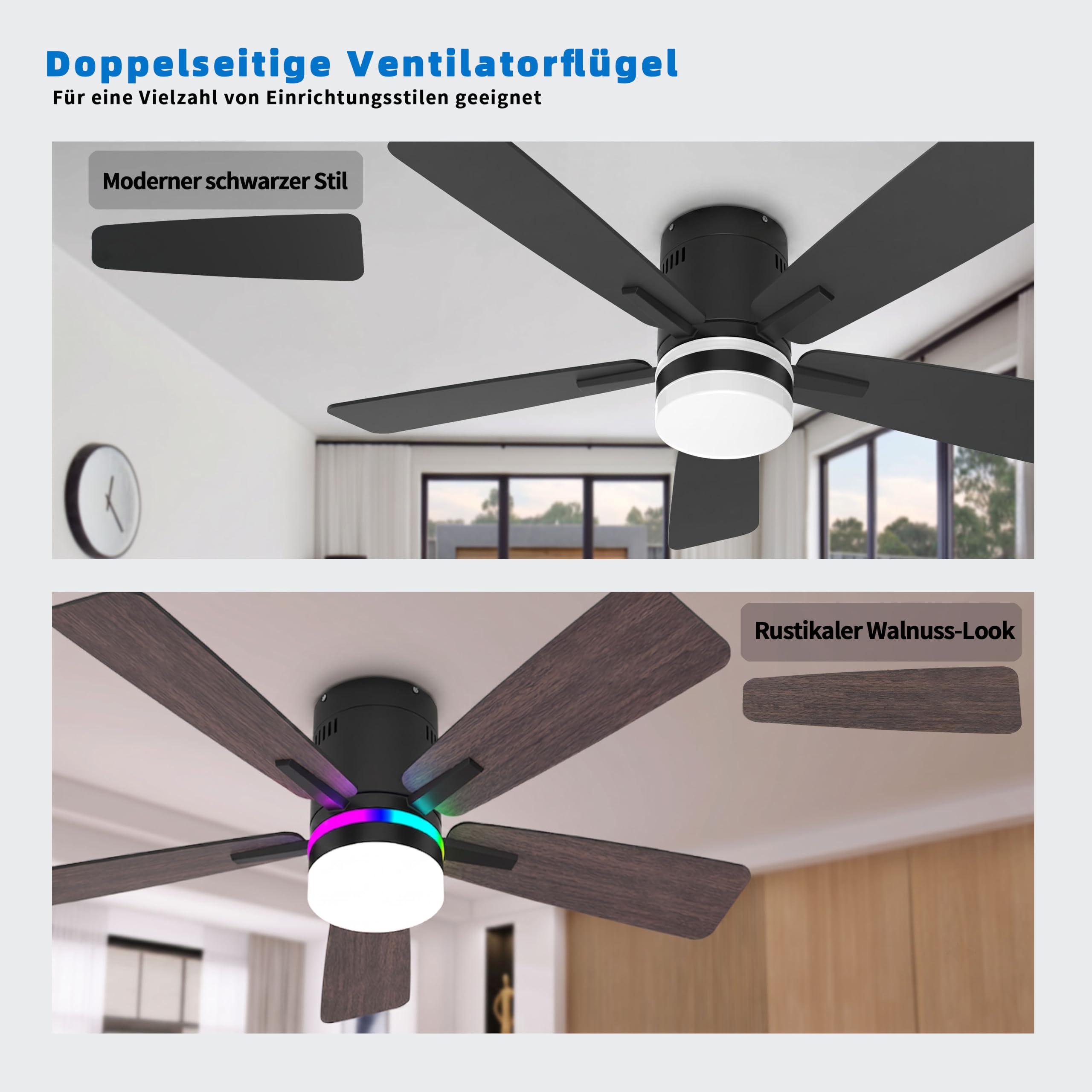 106cm RGB Deckenventilator mit Beleuchtung Leiser DC-Motor für Schlafzimmer | Fernbedienbar und App, Dimmbare LED, 6 Gänge,Timer, Doppelseitige Flügel Winter- und Sommermodus, für Wohnzimmer