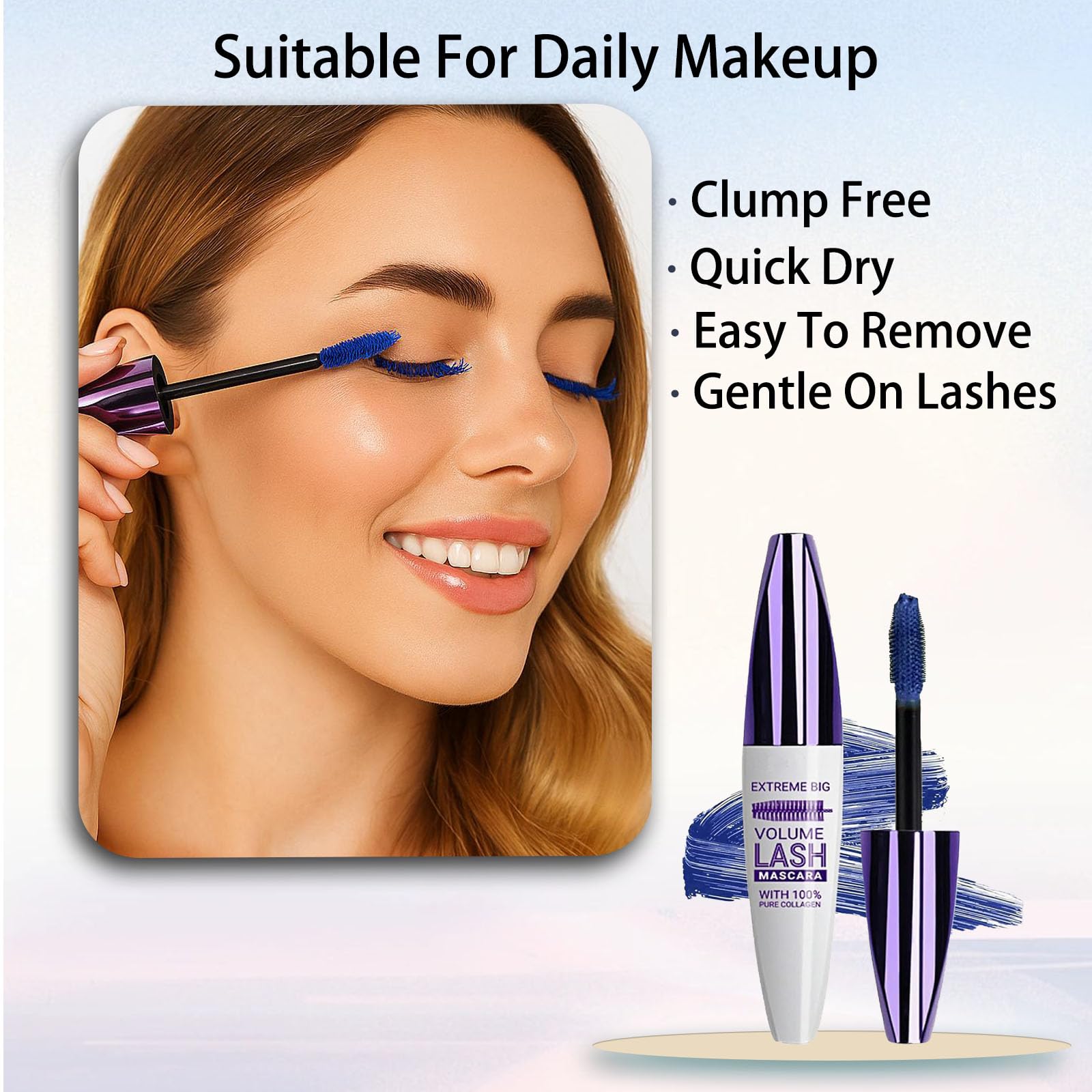 Clear Mascara & Blue Mascara Set, Waterproof Non Clumping Volume Mascara with Lash Primer for Lengthening & Definition - Image 2