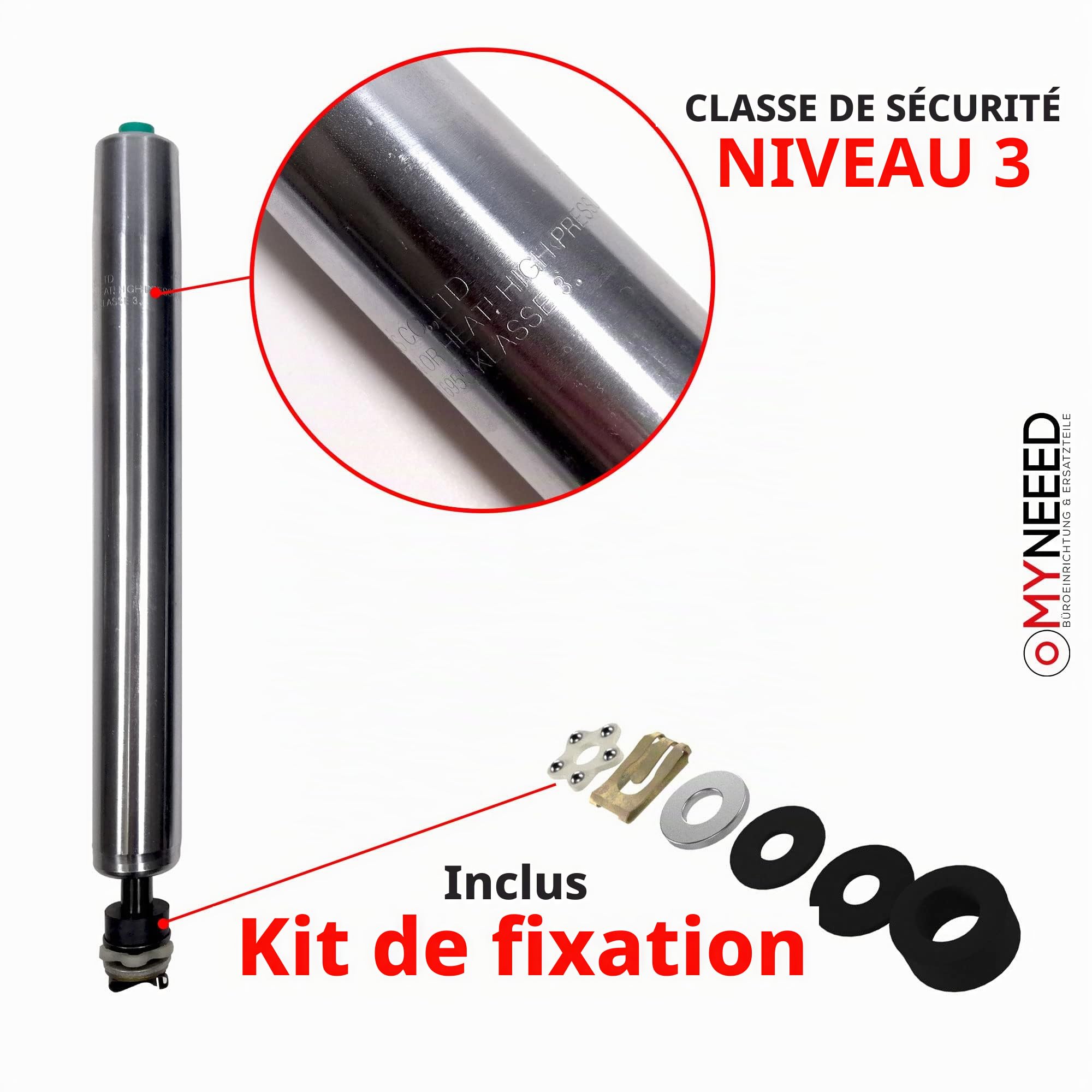 Ressort à gaz pour Chaise de Bureau - Pièces de Rechange compactes - Vérin à gaz de Rechange jusqu'à 200 kg - Réglable en Hauteur en continu - Certifié TÜV & GS - Longueur: 230 mm