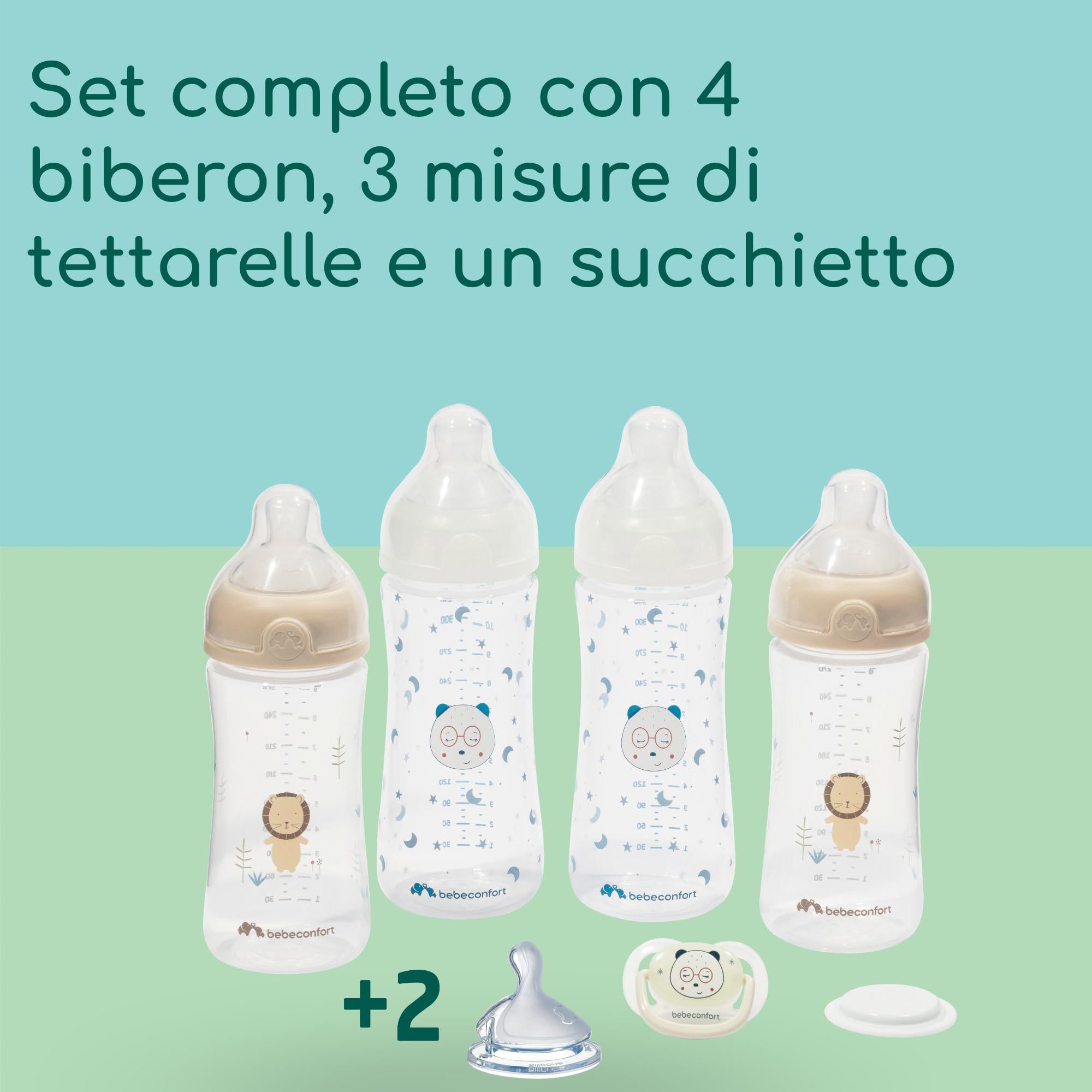 Bebeconfort Kit Biberon Neonato Physio Air Cresce-con-Me, Biberon Anticolica, 0+ mesi, Include 4 Biberon Neonato, 3 Misure di Tettarelle, Succhietto Anatomico, Design che si illumina al buio