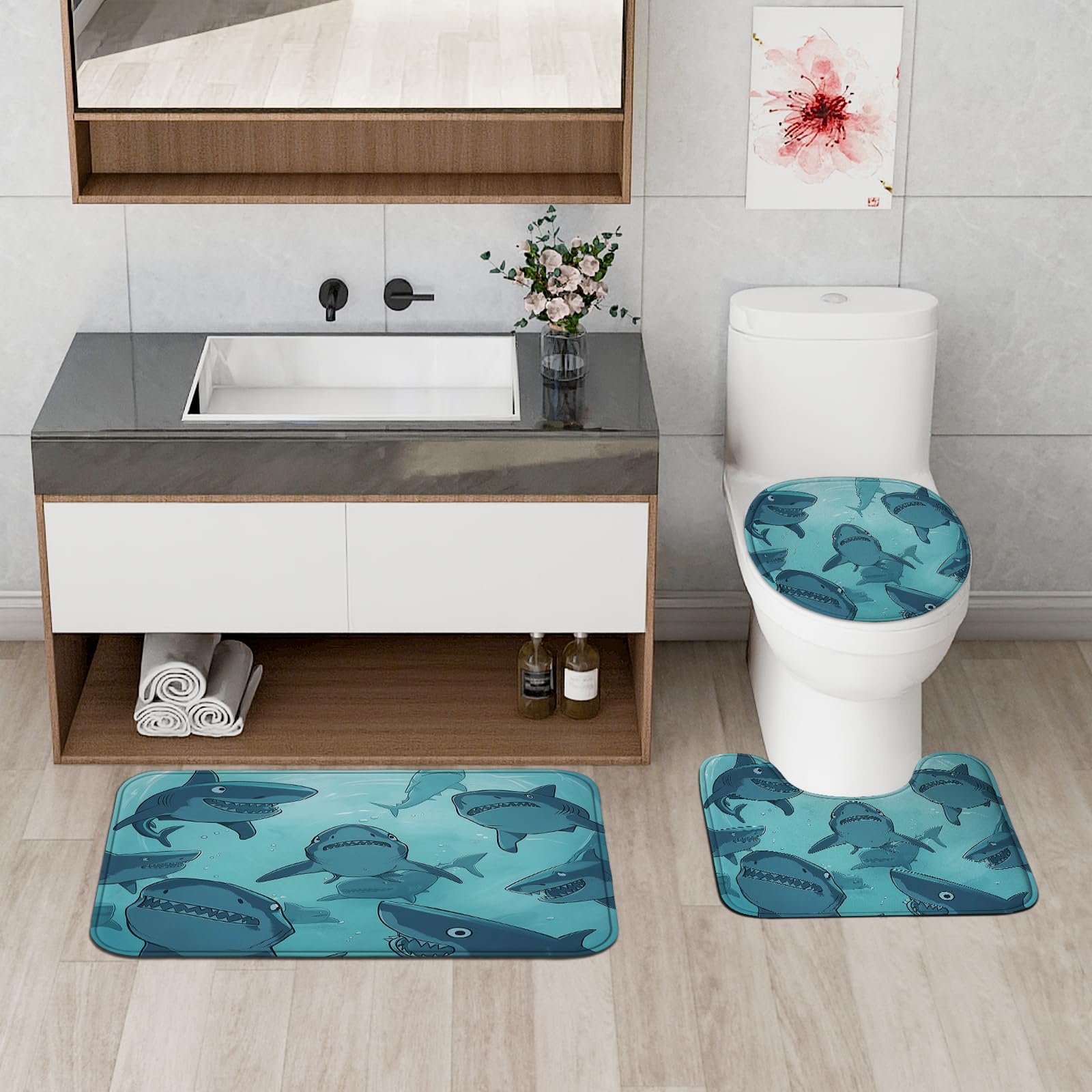 Juego de 4 accesorios de baño de tiburón anime para niños con alfombra antideslizante, en forma de U y cubierta de tapa de inodoro, decoración de baño de océano divertido de dibujos animados, 72 x 72