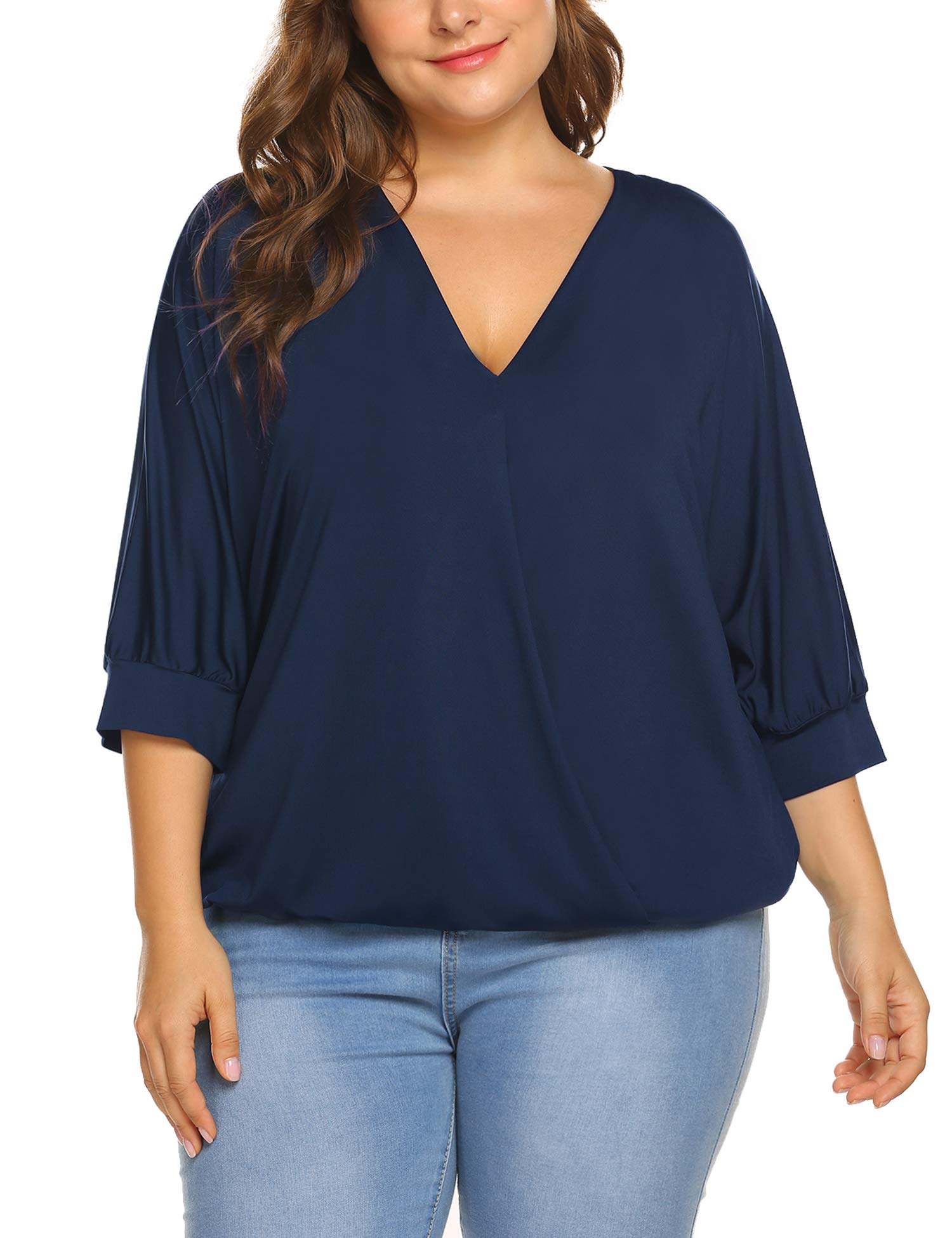 IN'VOLAND Women Plus Size Tops-Wrap Blouse V Neck Front Drape Tops Casual Loose Shirt (16W-24W)